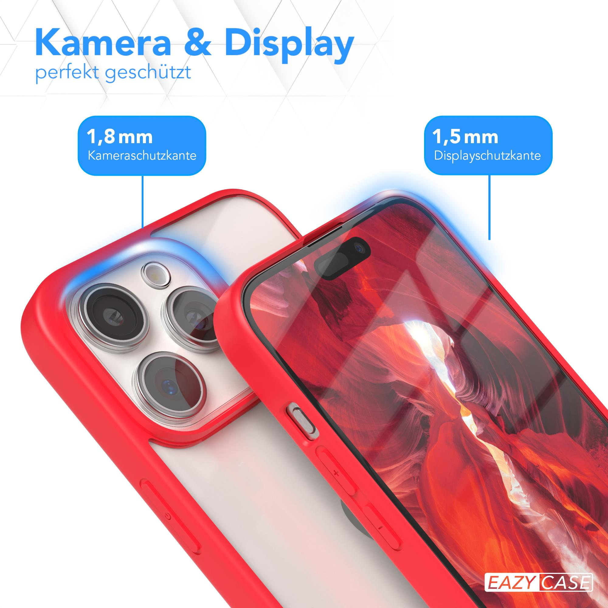 Eine rote Handyhülle mit einem Telefon darin, mit schützenden Rändern und einem Displayschutz-Etikett.