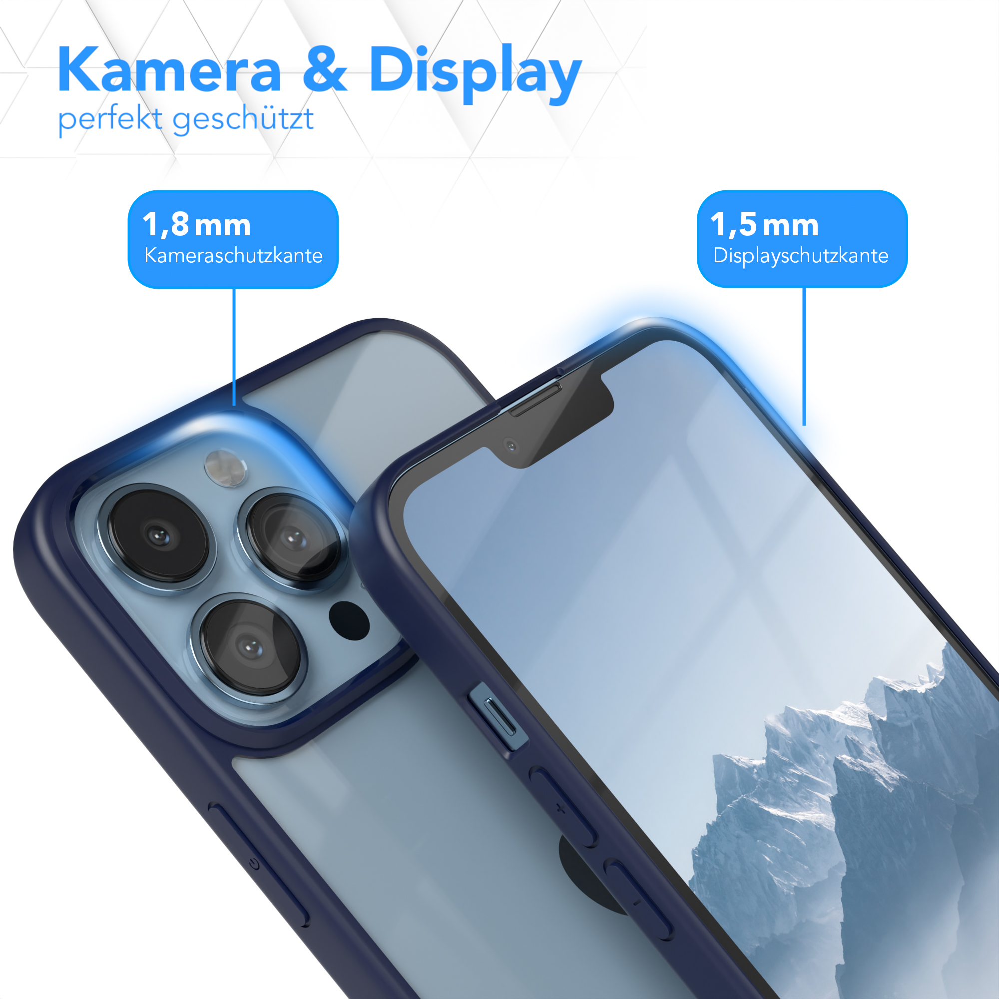 Handyhülle mit dunkelblauem Rahmen. Nahaufnahme von Kamera- und Displayschutzdetails. Blaue Lichtakzente.