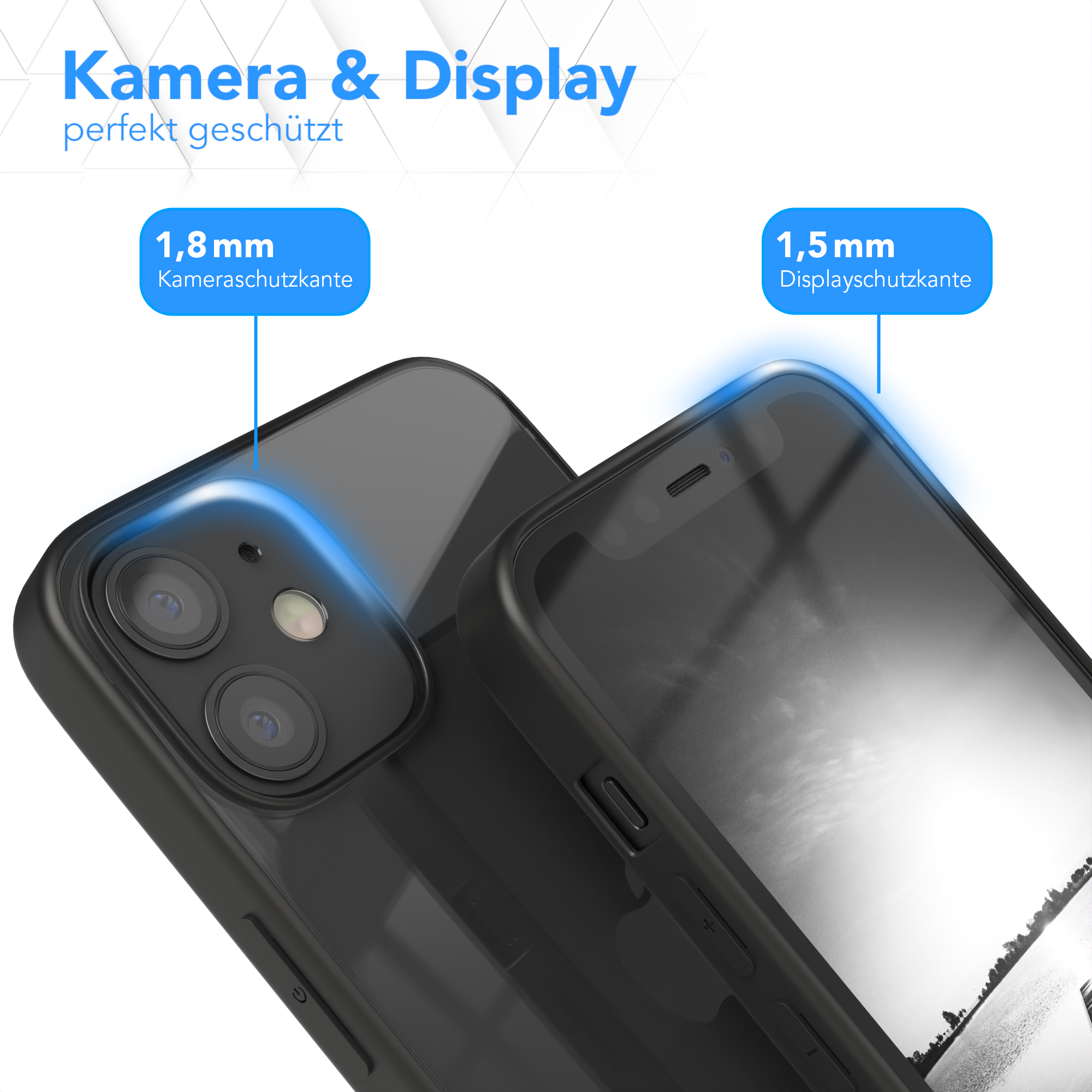 Nahaufnahme eines schwarzen Telefons in einer Hülle. Text: Kamera & Display, 1,8 mm Kameraschutz, 1,5 mm Displayschutz, perfekter Schutz.