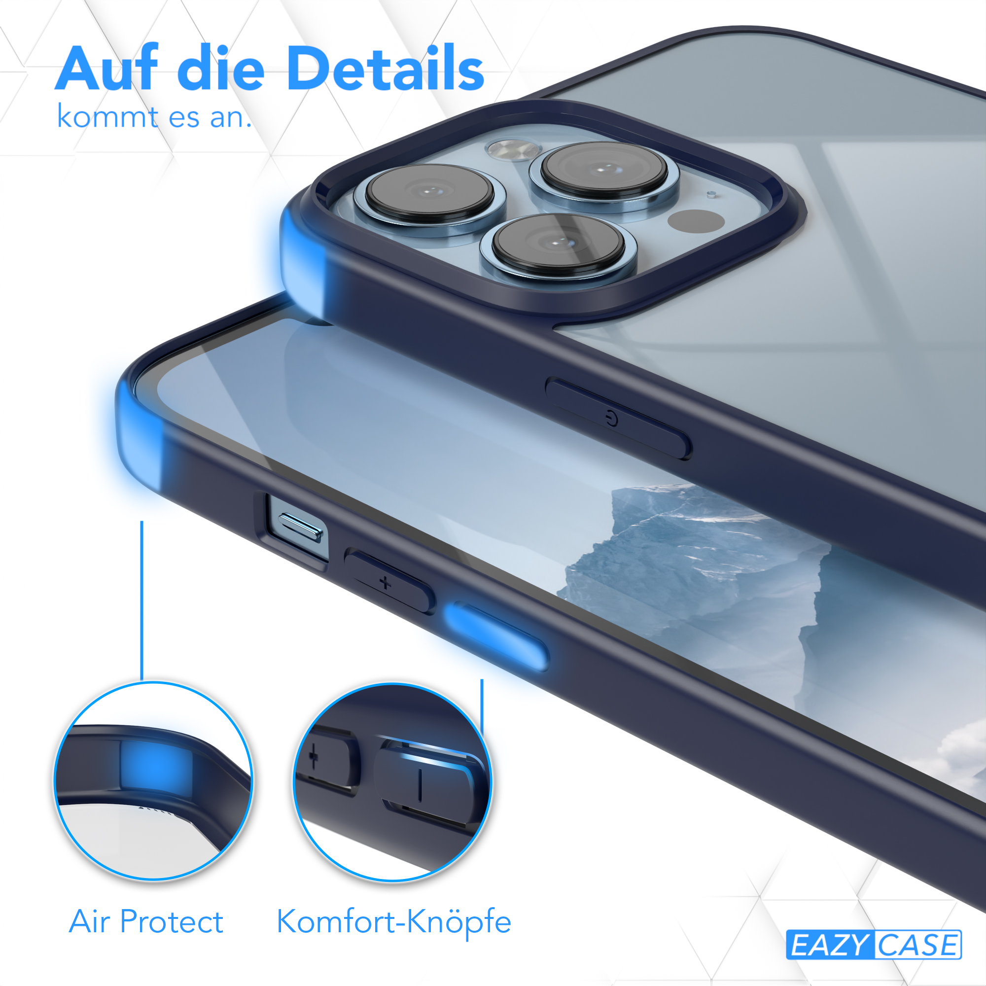 Dunkelblaue Handyhülle mit hervorgehobenen Knöpfen und Telefon.