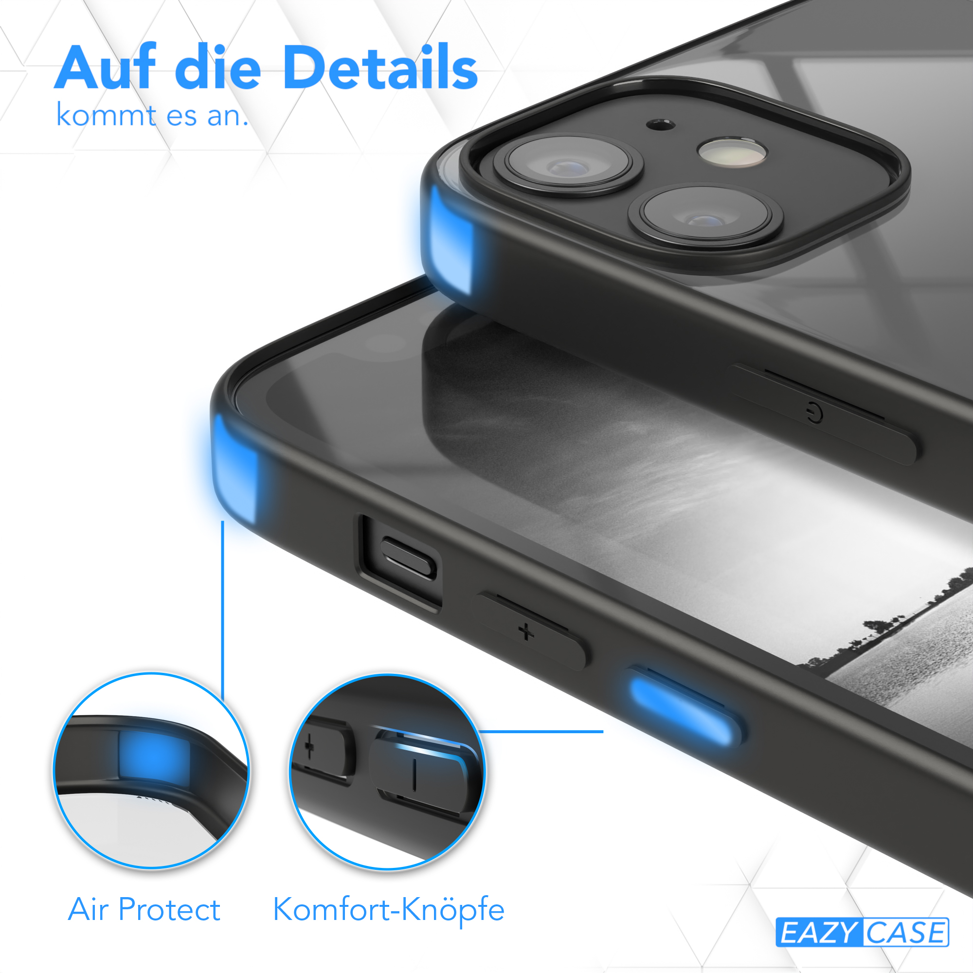 Nahaufnahme einer schwarzen Handyhülle mit Knöpfen. Blaue Highlights an Rändern und Knöpfen. Schwarzes Telefon innen.