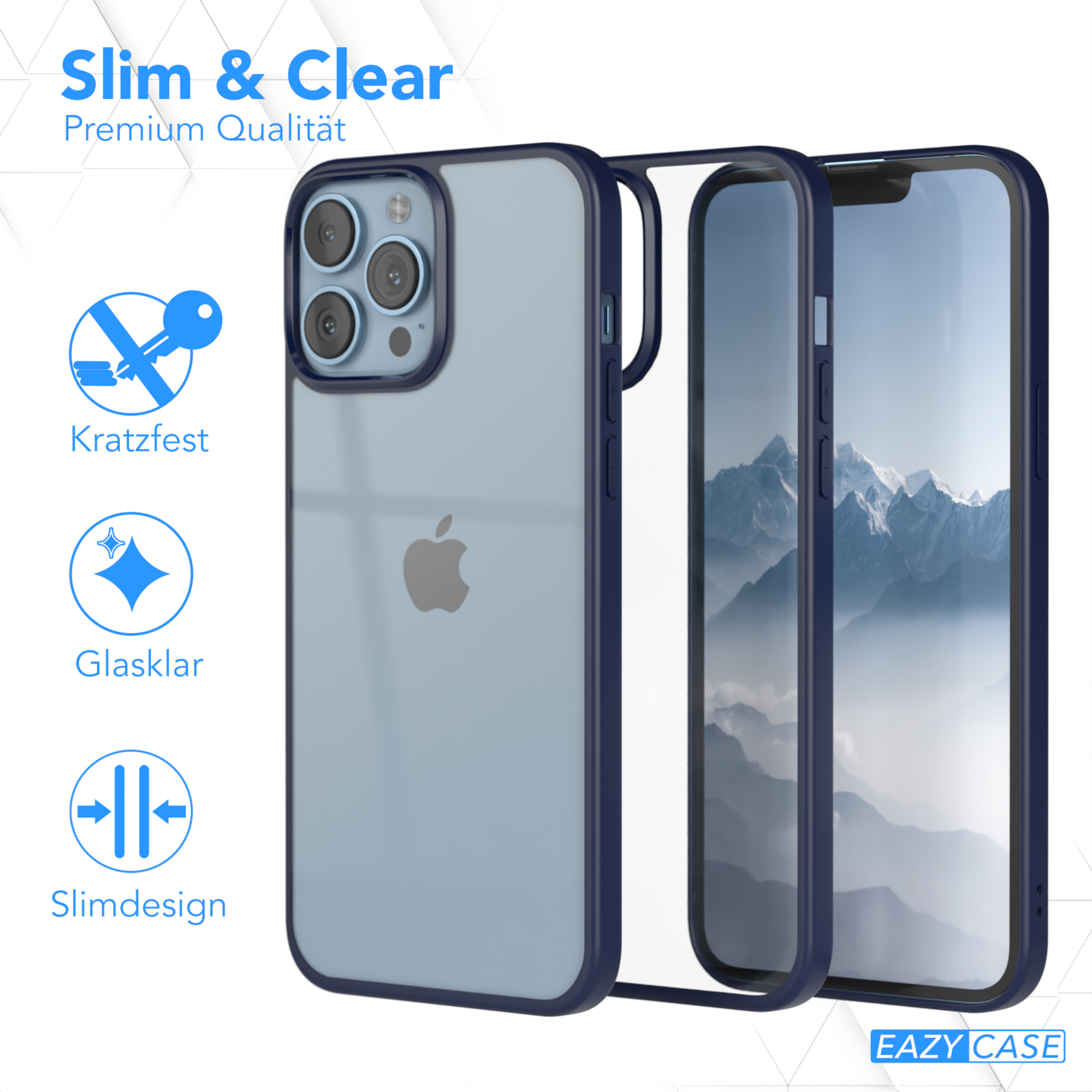 Transparente Handyhülle, die das iPhone zeigt, mit dem Text 'Slim & Clear' und Symbolen.