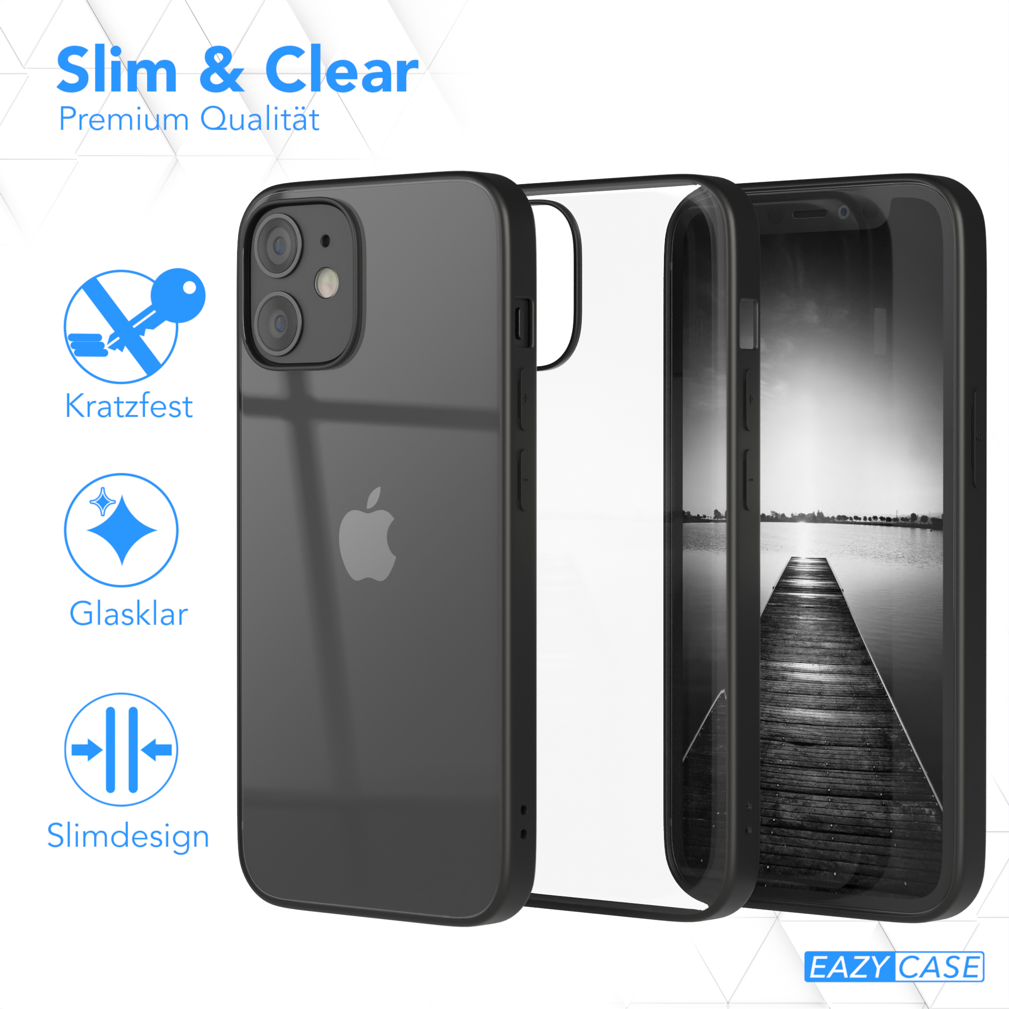 Drei Handyhüllen. Eine zeigt ein Telefon darin. Schlüssel und kratzfestes, schlankes Design.
