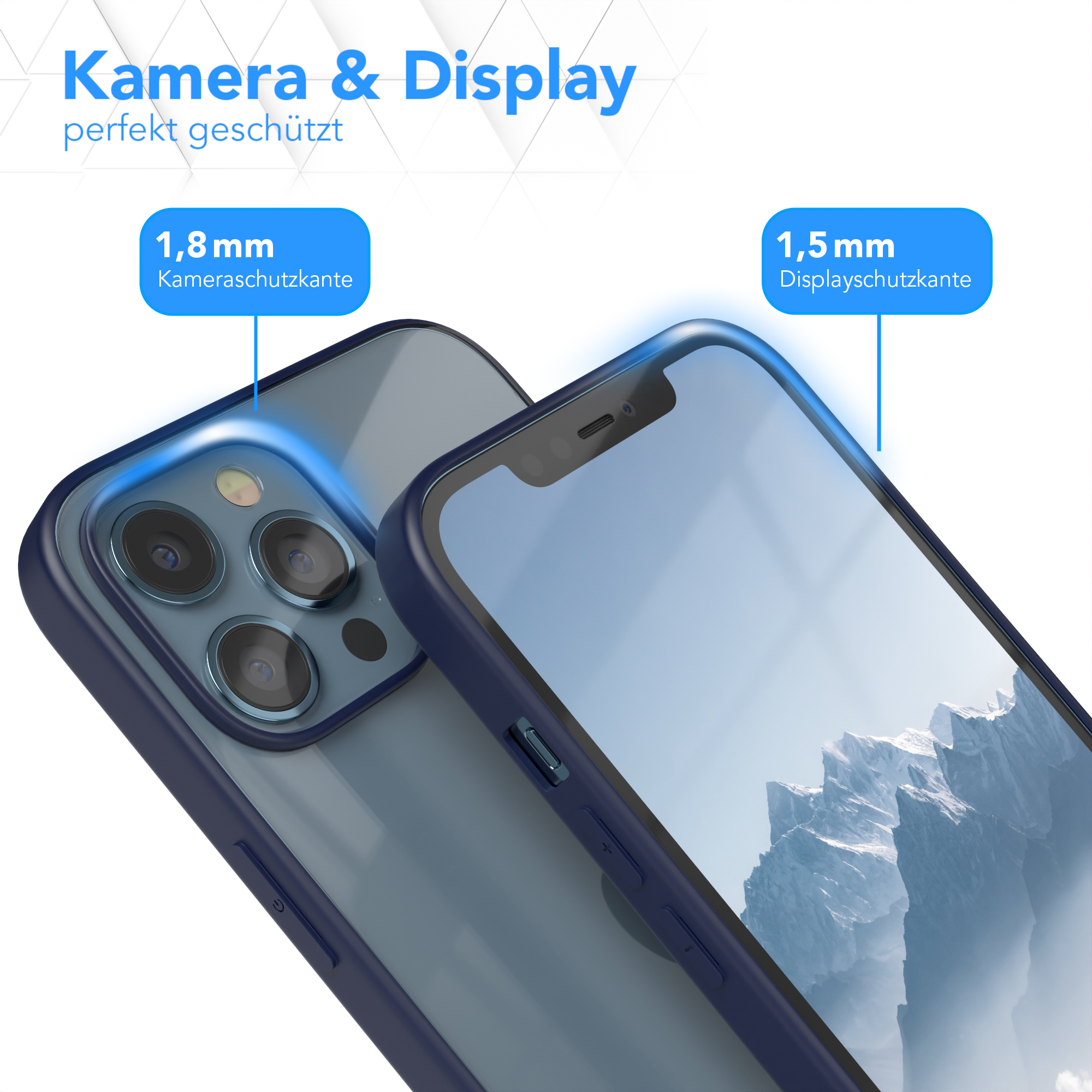 Zwei Telefone mit Hülle. Display-Schutzfunktionen werden mit Messungen hervorgehoben.