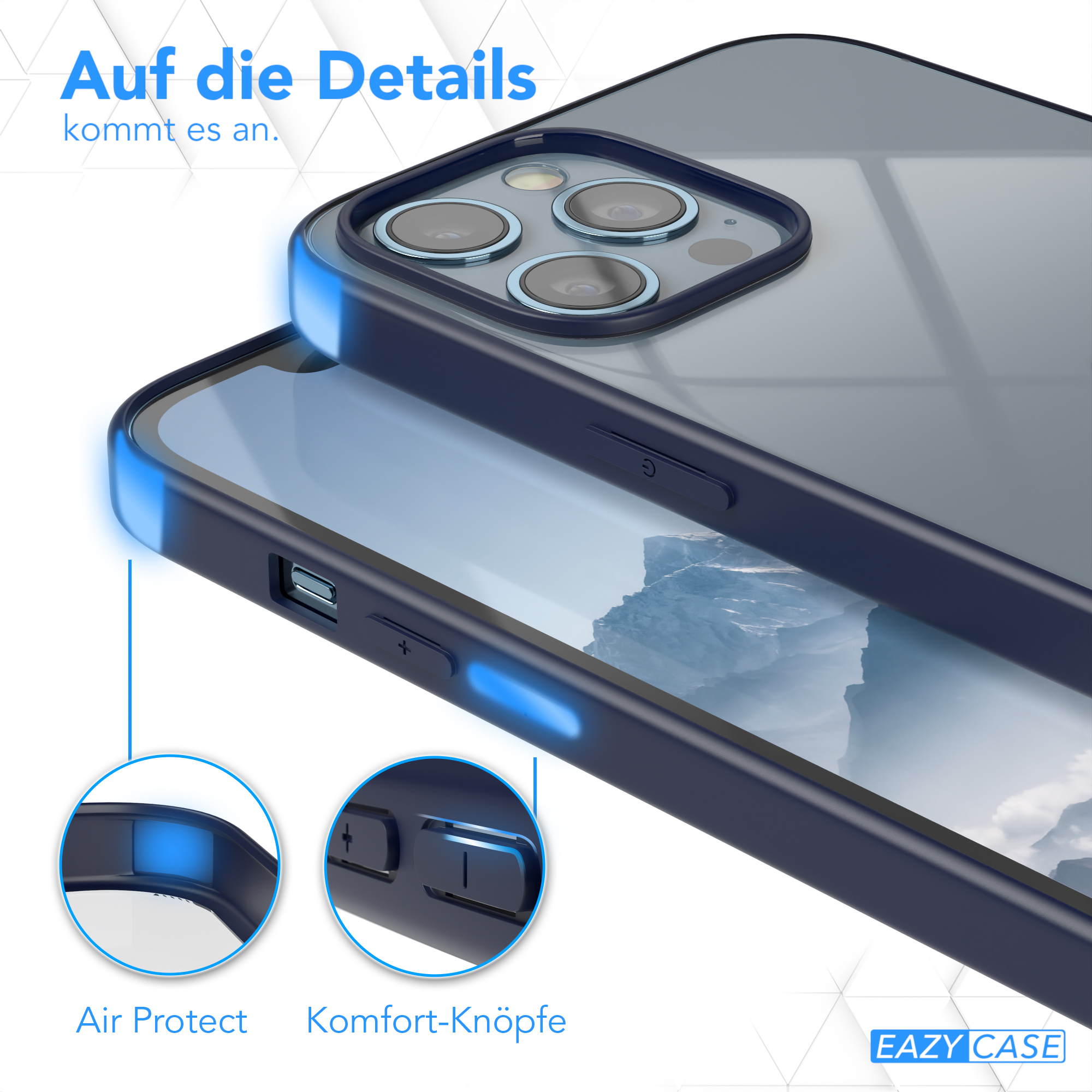 Eine Handyhülle mit blauem Rand. Nahaufnahmen zeigen Knöpfe und Schutzfunktionen mit blauen Highlights.