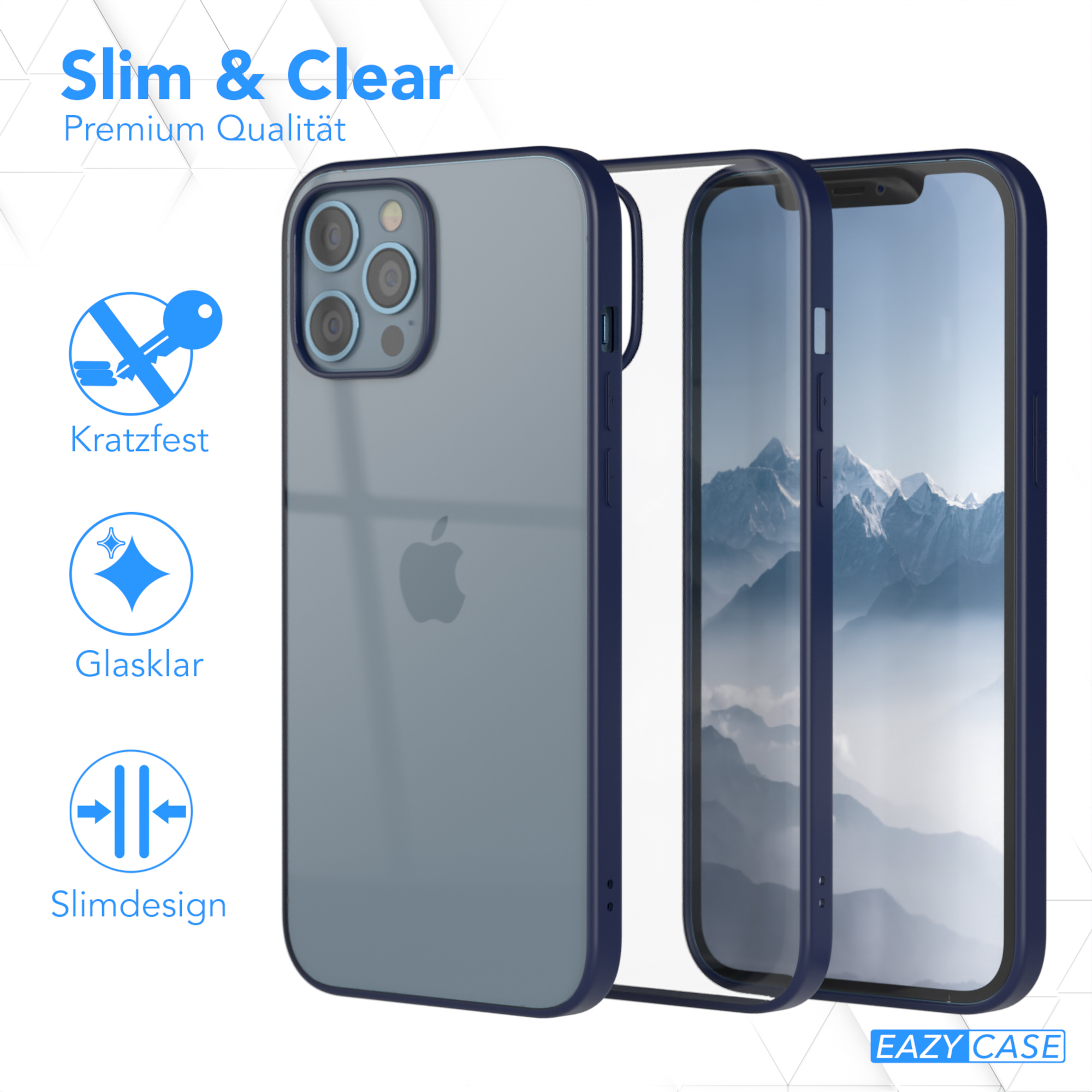 Eine Handyhülle mit einem Telefon darin. Text: Slim & Clear, Kratzfest, Glasklar und Slimdesign.