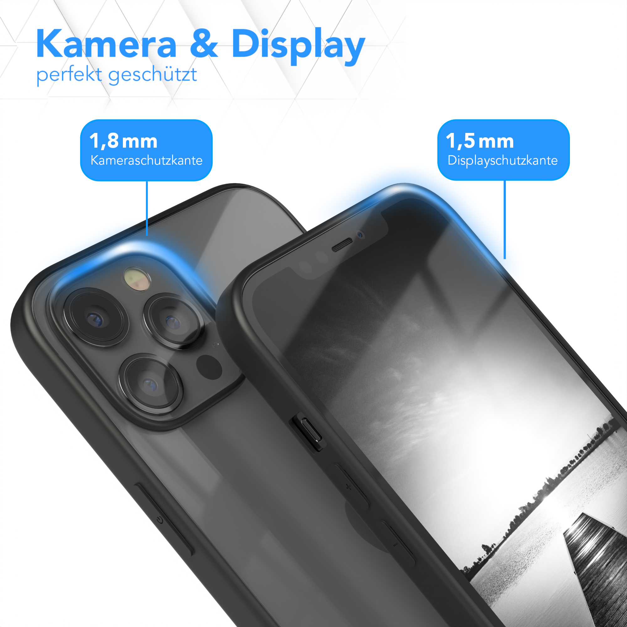 Transparente Handyhülle schützt ein Telefon. Text: 1,8 mm Kameraschutz, 1,5 mm Displayschutz. Nahaufnahme.