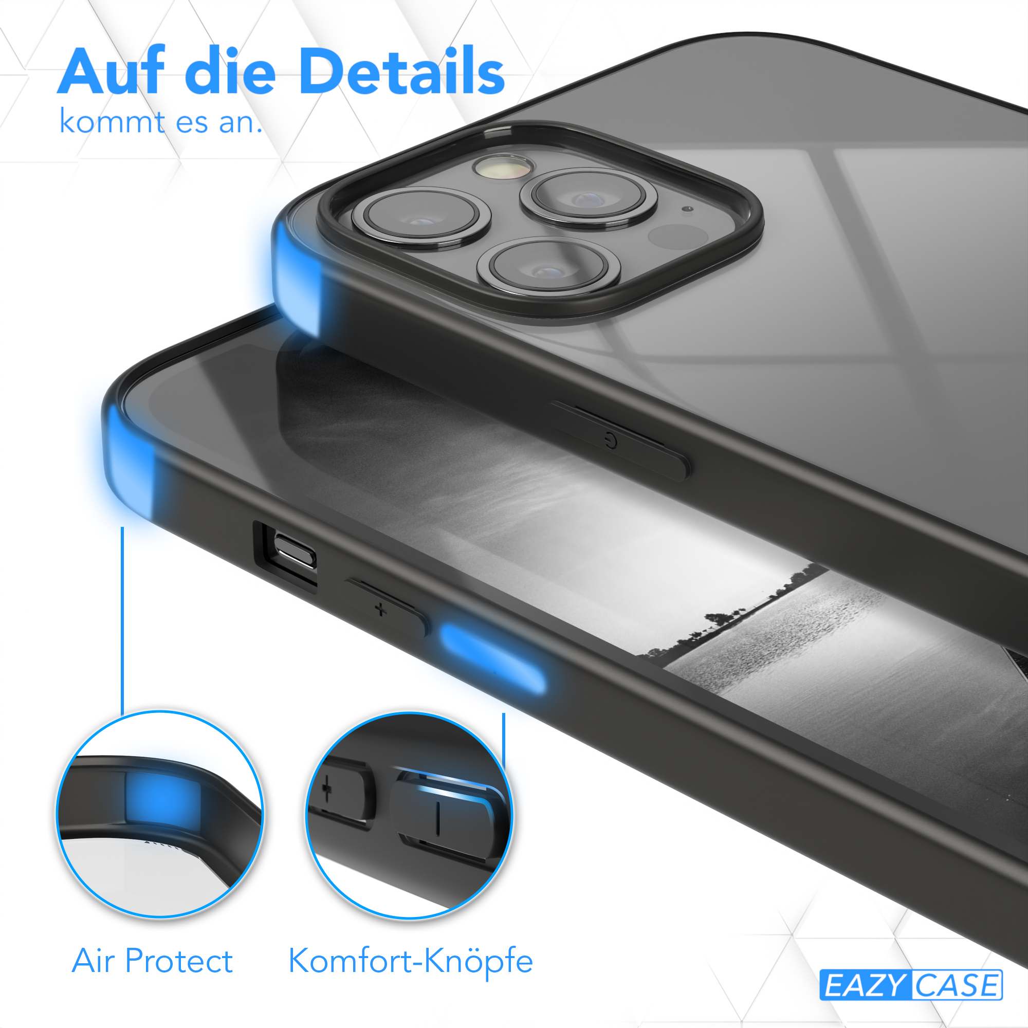 Nahaufnahme einer Handyhülle mit Knöpfen und Schutzdetails. Blaues Licht hebt die Kanten hervor.