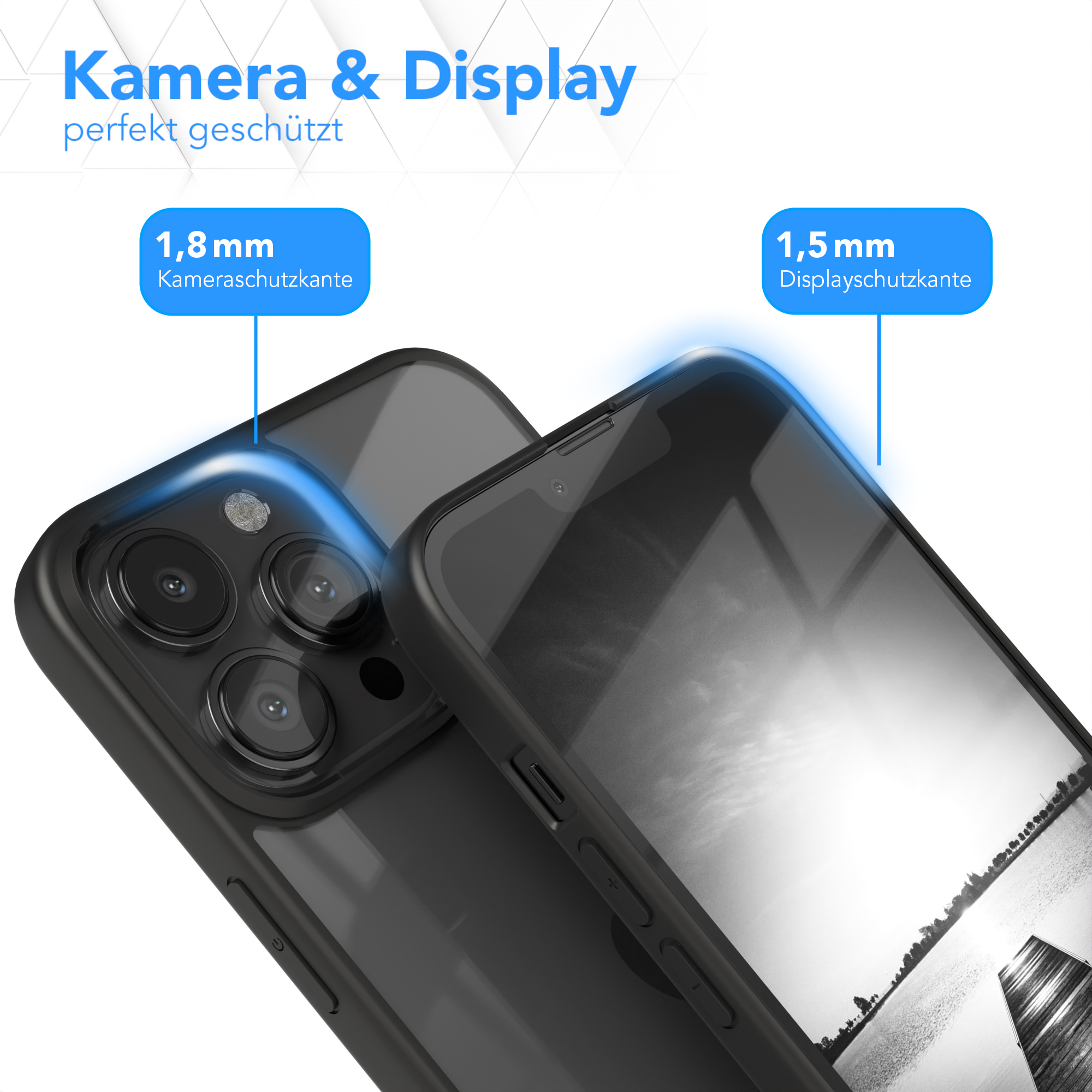Handyhüllen-Detail: Kamera- und Displayschutz, schwarze Hülle und Telefon.