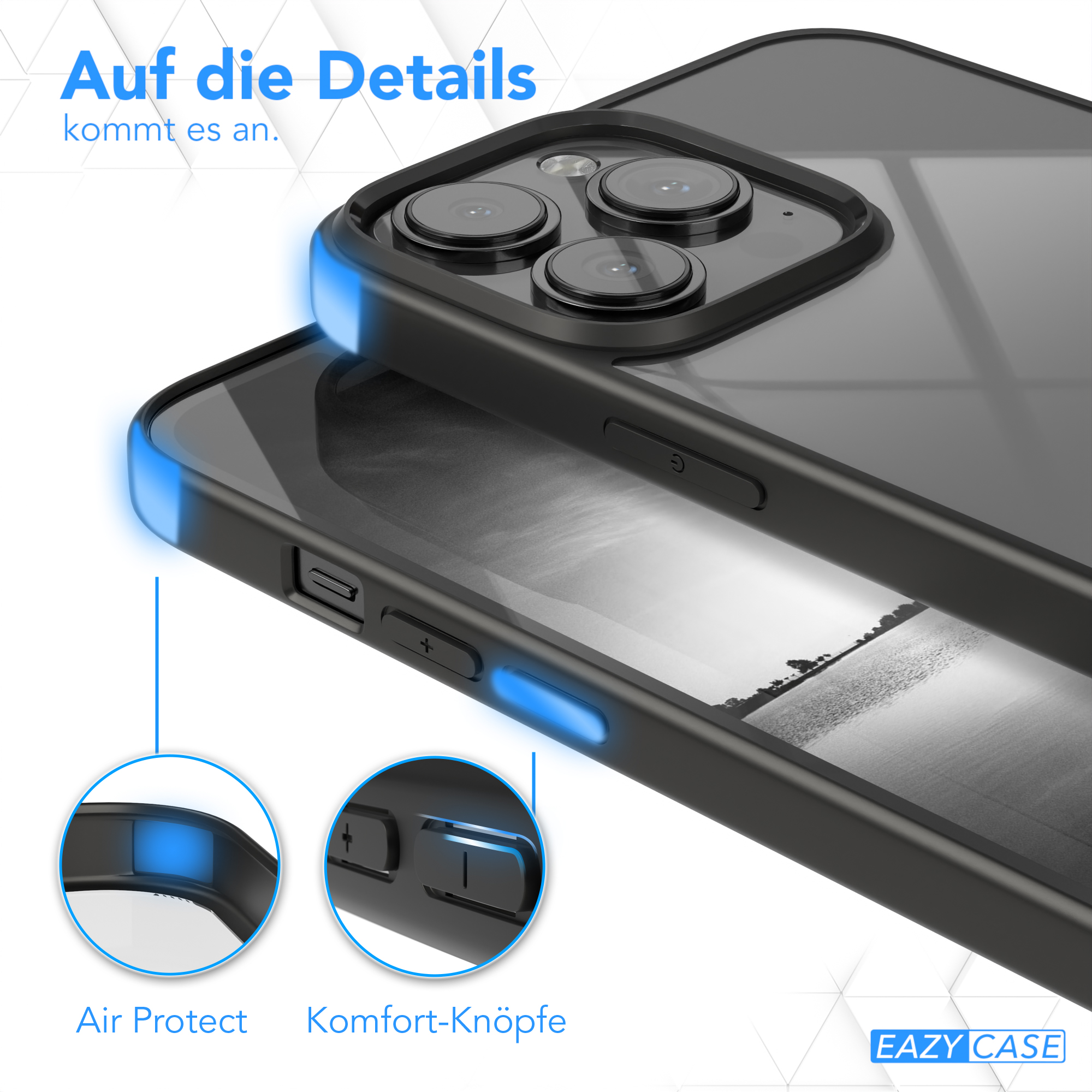 Nahaufnahme einer schwarzen Handyhülle mit blauen Akzenten, zeigt Details wie Tasten.