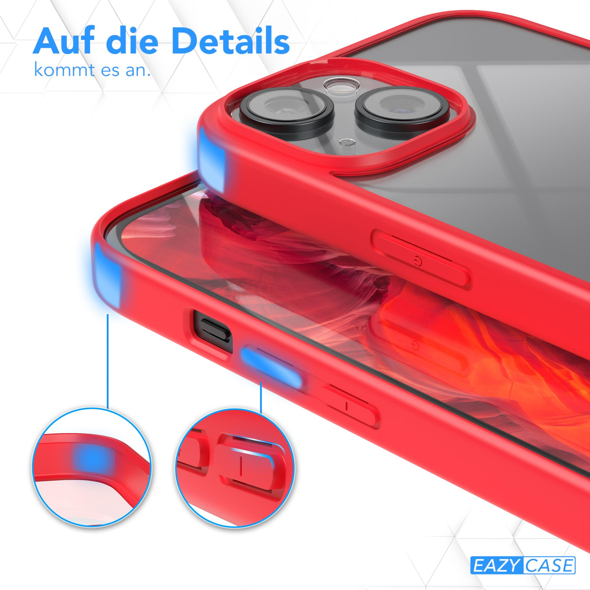 Zwei Handyhüllen, eine rot, eine schwarz, mit Details, die durch blaue Pfeile hervorgehoben werden.