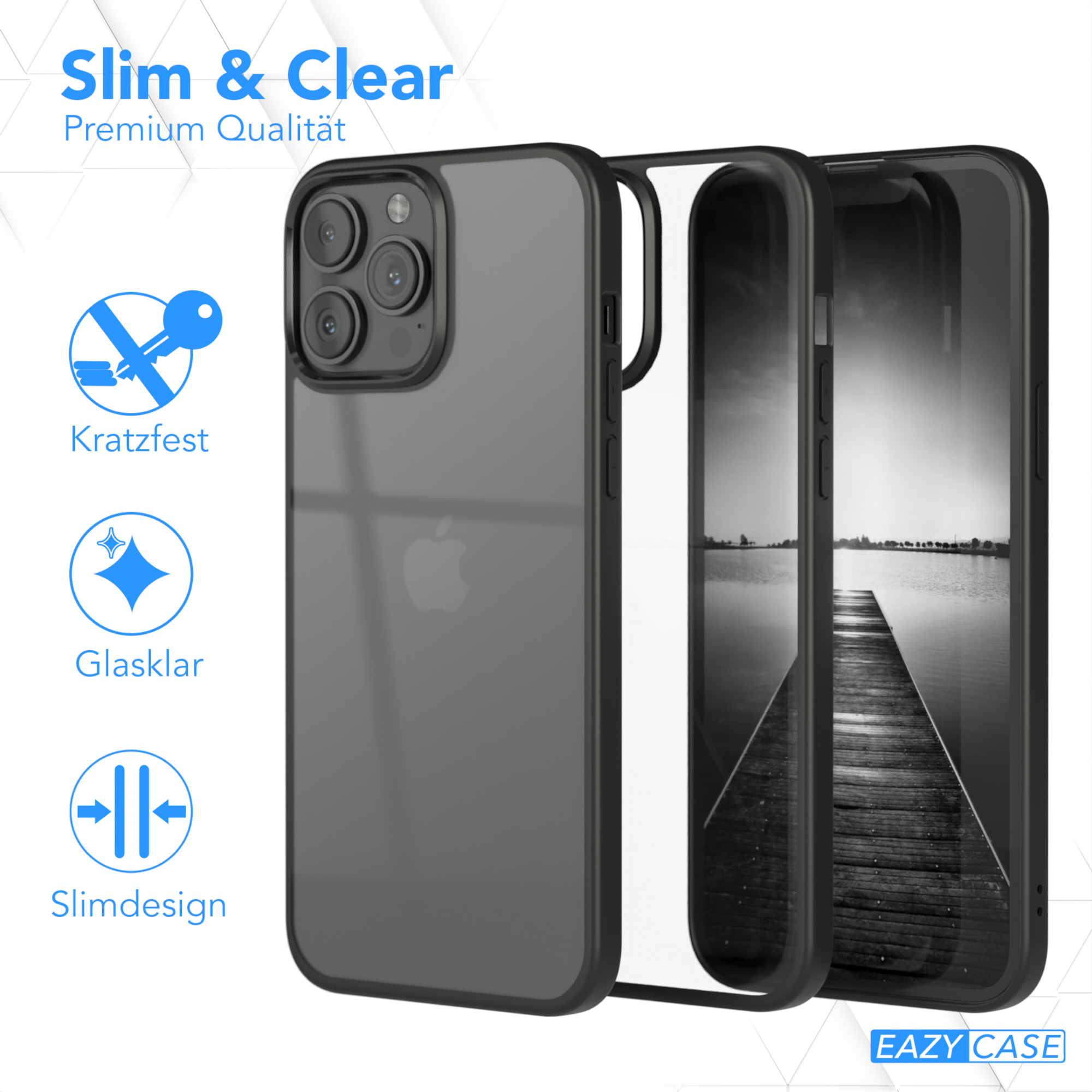 Eine Handyhülle in drei Schichten. Das Telefon ist darin. Hat Schlüssel-, Glas- und Slim-Design-Symbole.
