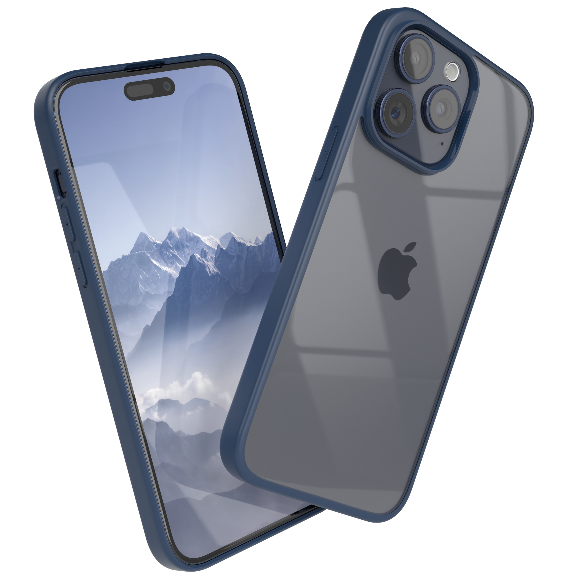 Blaues iPhone mit durchsichtiger Hülle. Das Telefon zeigt ein Graustufenbild eines Piers und Wassers.