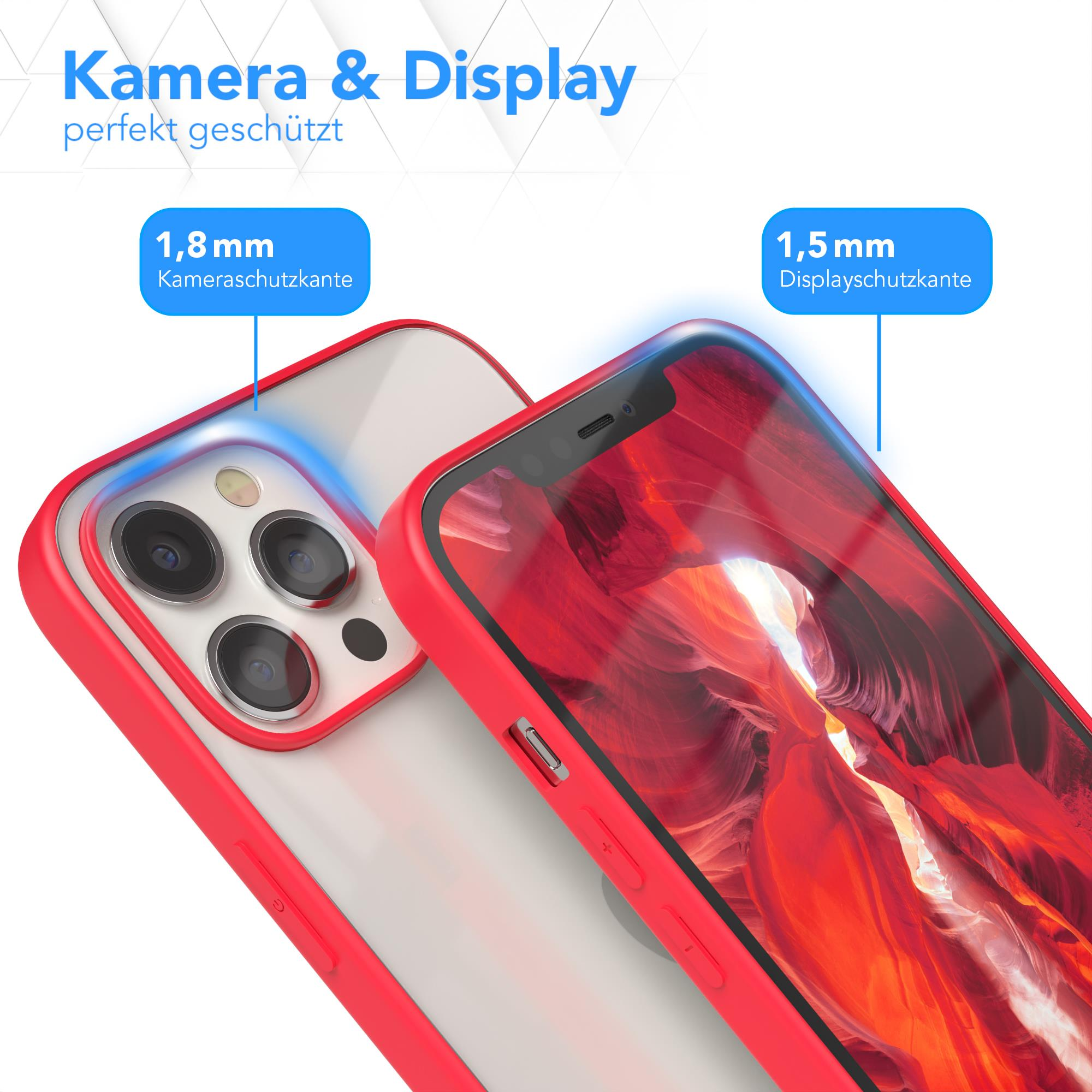 Zwei rote Handyhüllen, eine mit Telefon. Blaue Textfelder mit Maßen.