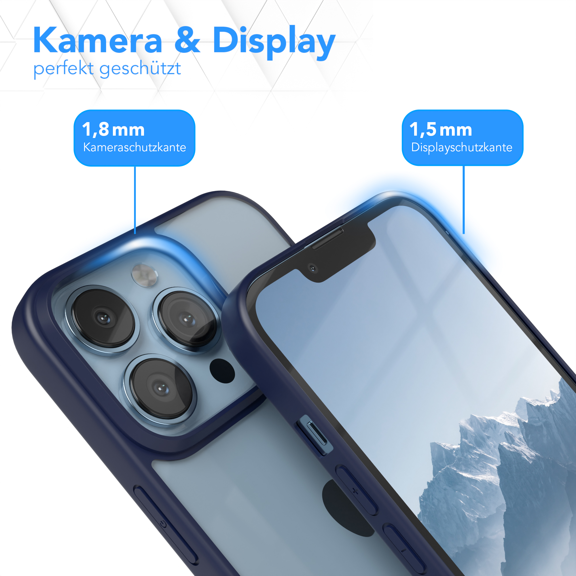 Blaue Handyhülle mit Kameraschutz. Telefon mit mehreren Objektiven ist sichtbar.