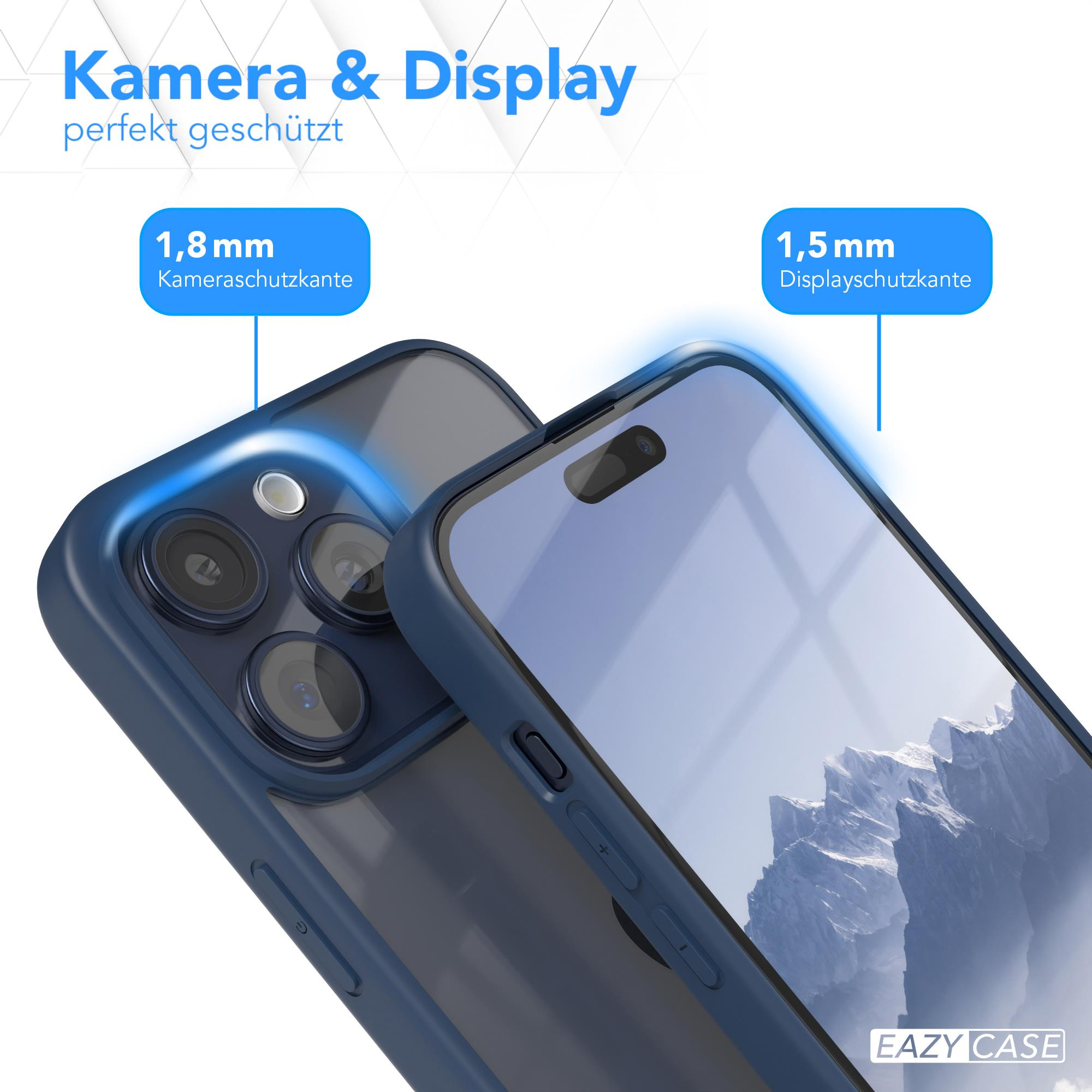 Eine blaue Handyhülle, die ein Telefon schützt. Die Hülle hat Kamera- und Bildschirmschutz.