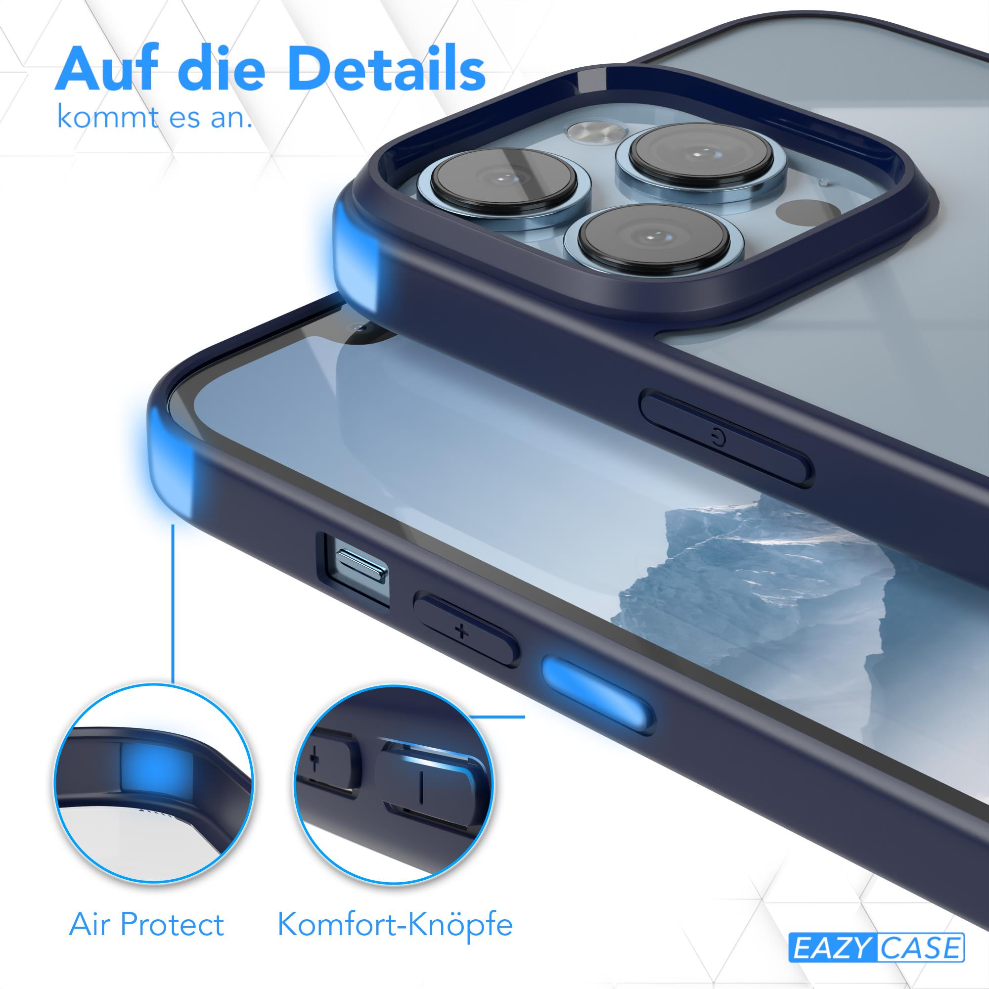 Nahaufnahme einer Handyhülle mit blauem Rand und hervorgehobenen Knöpfen, Apple-Logo sichtbar.
