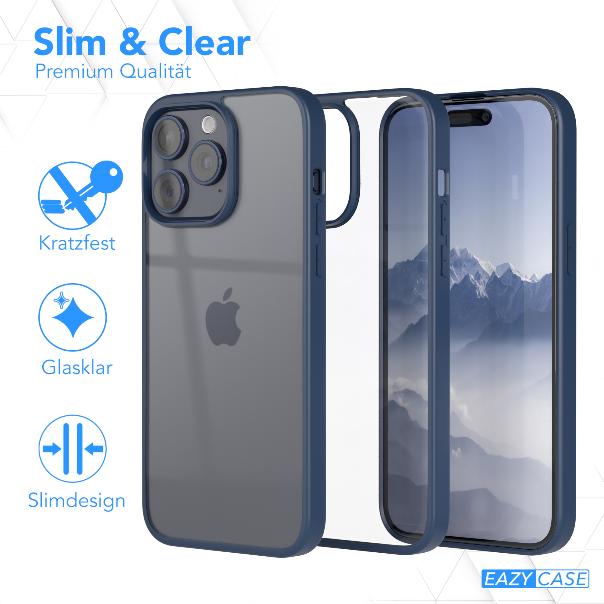 Transparente Handyhülle auf einem Telefon mit blauem Rahmen. Text lautet 'Kratzfest' und 'Schlankes Design'.