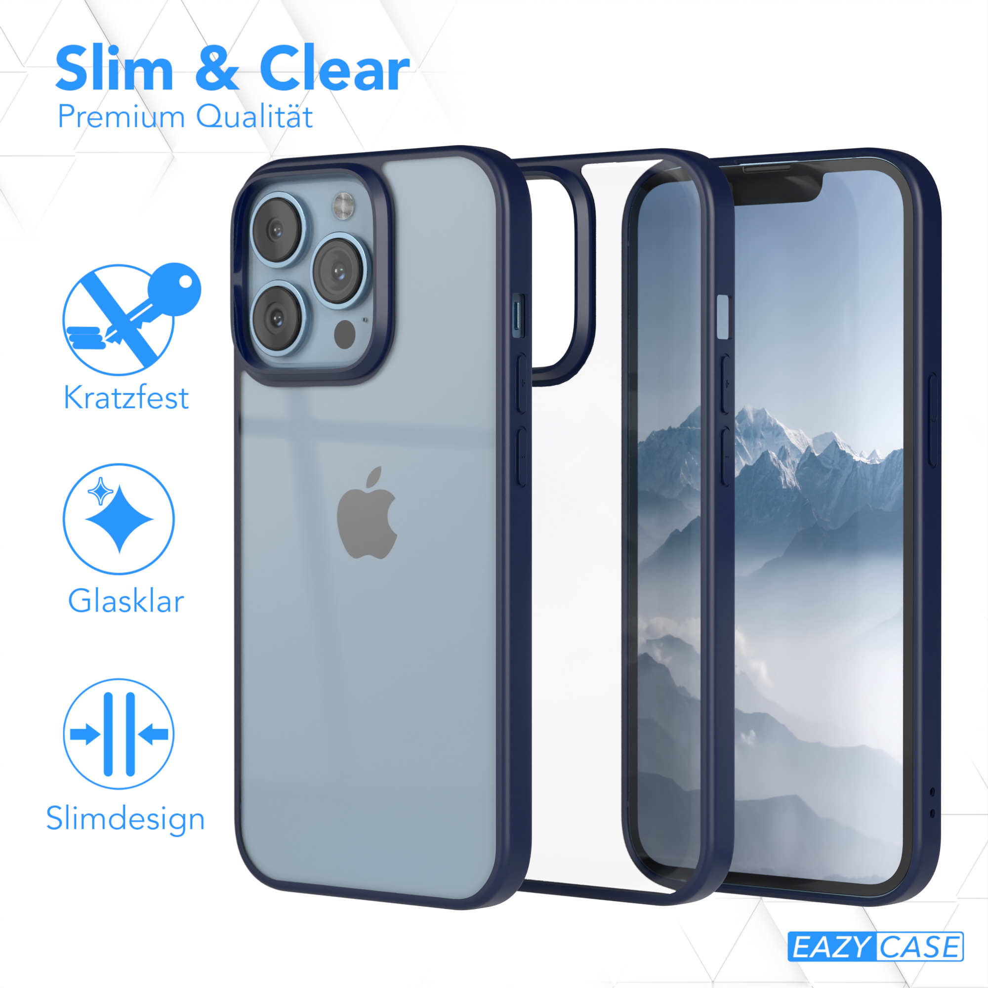 Blaue Handyhülle mit Telefon darin. Zeigt eine blaue Hülle mit transparentem Rücken.