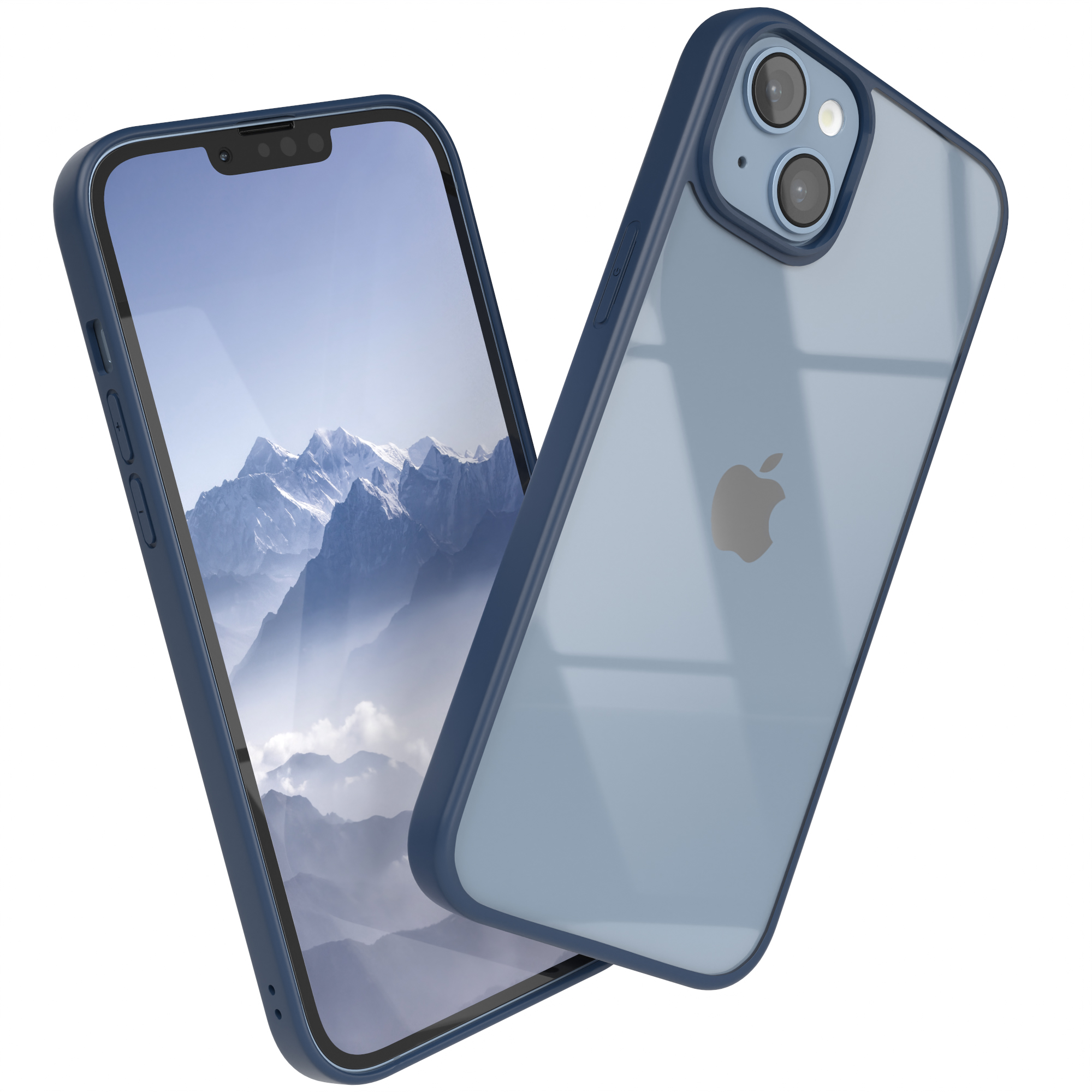 Blaue und transparente Handyhülle, mit zwei Handys, weißer Hintergrund.