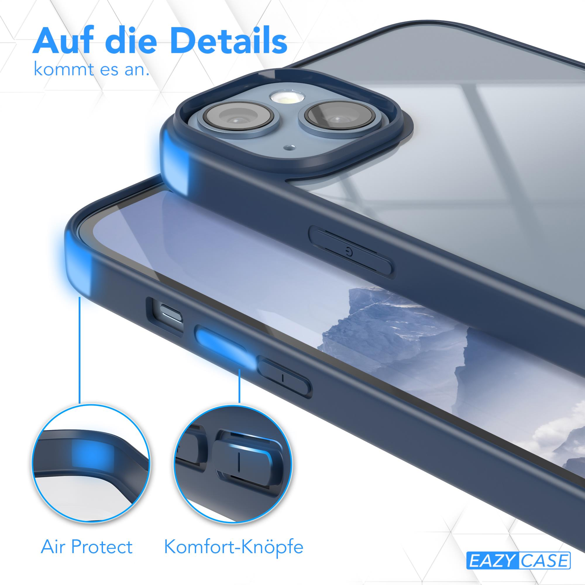 Nahaufnahme einer Handyhülle, die Tasten- und Luftschutzfunktionen hervorhebt. Text: Air Protect, Komfort-Knöpfe.