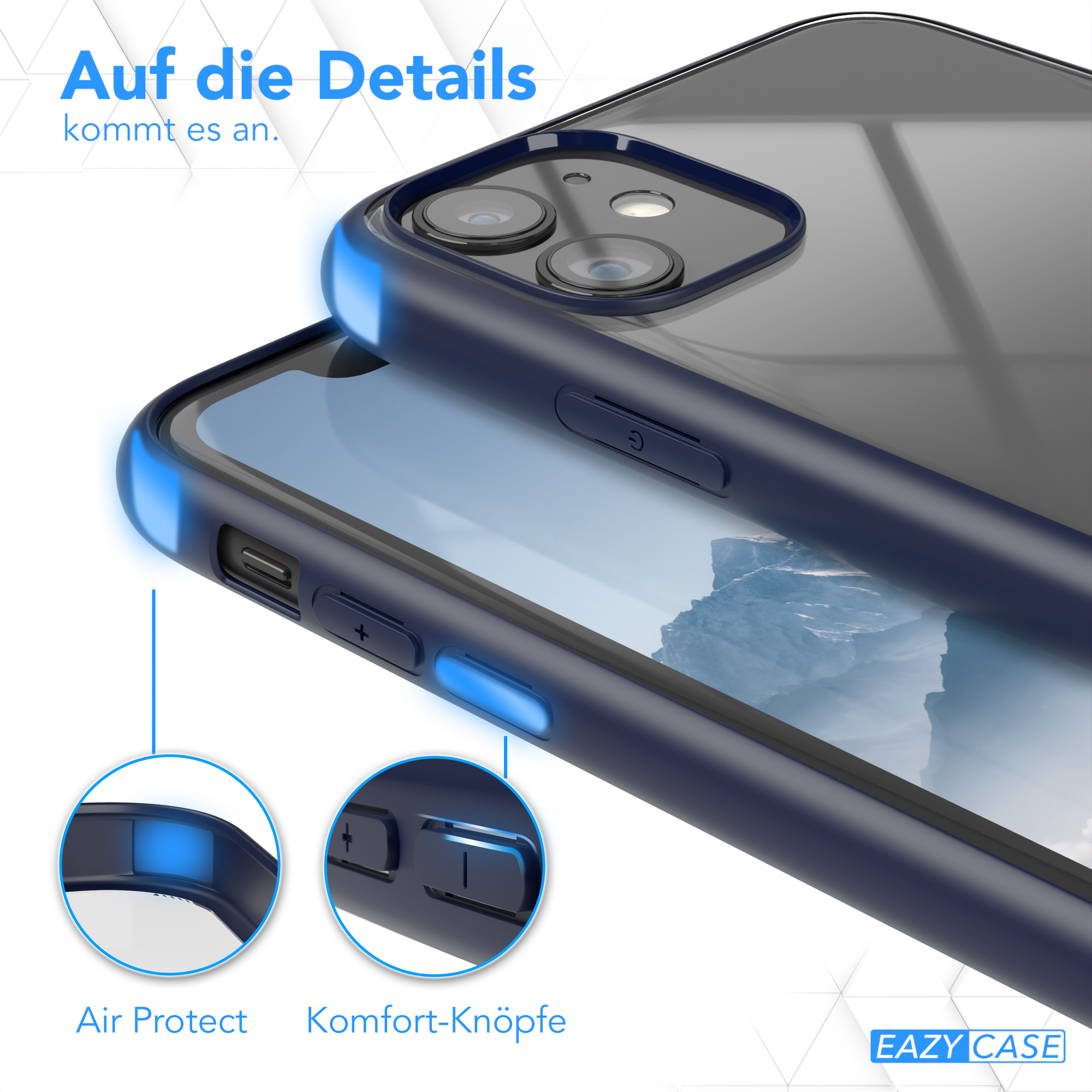 Handyhülle, blauer Rahmen, klarer Rücken. Text: Air Protect, Komfot-Knöpfe. Zeigt Knöpfe und Kanten.
