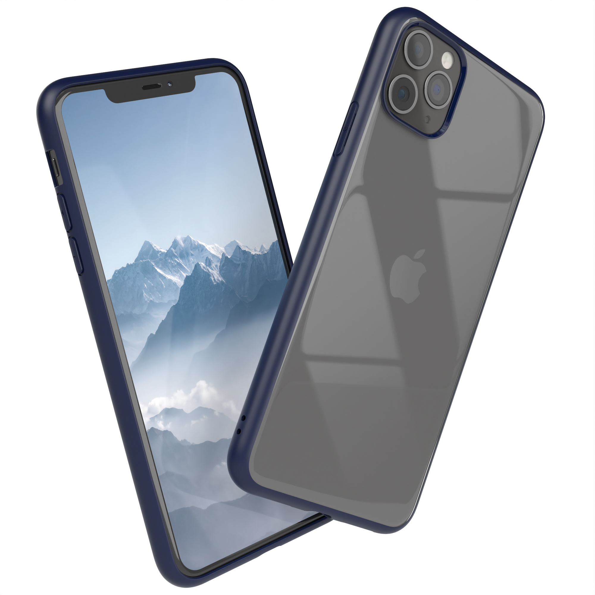 Zwei iPhone-Hüllen. Eine dunkelblau, die andere klar. Telefonbildschirm zeigt Landschaft. Schwarzer Rahmen.