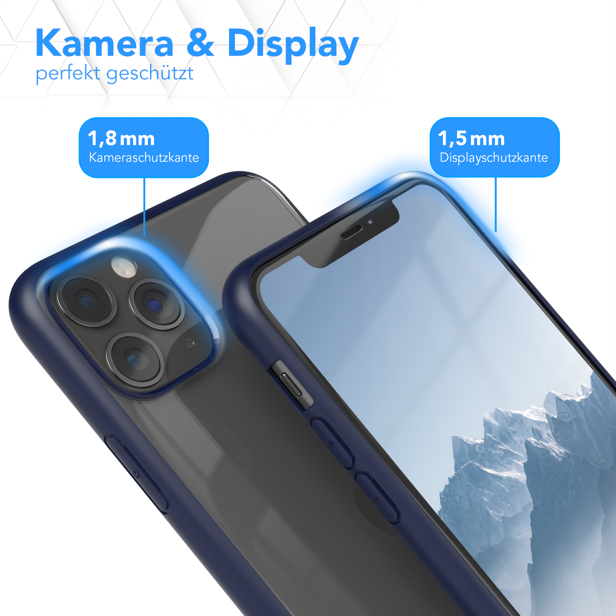 Telefon mit blauer Hülle. Kamera und Display sind geschützt.