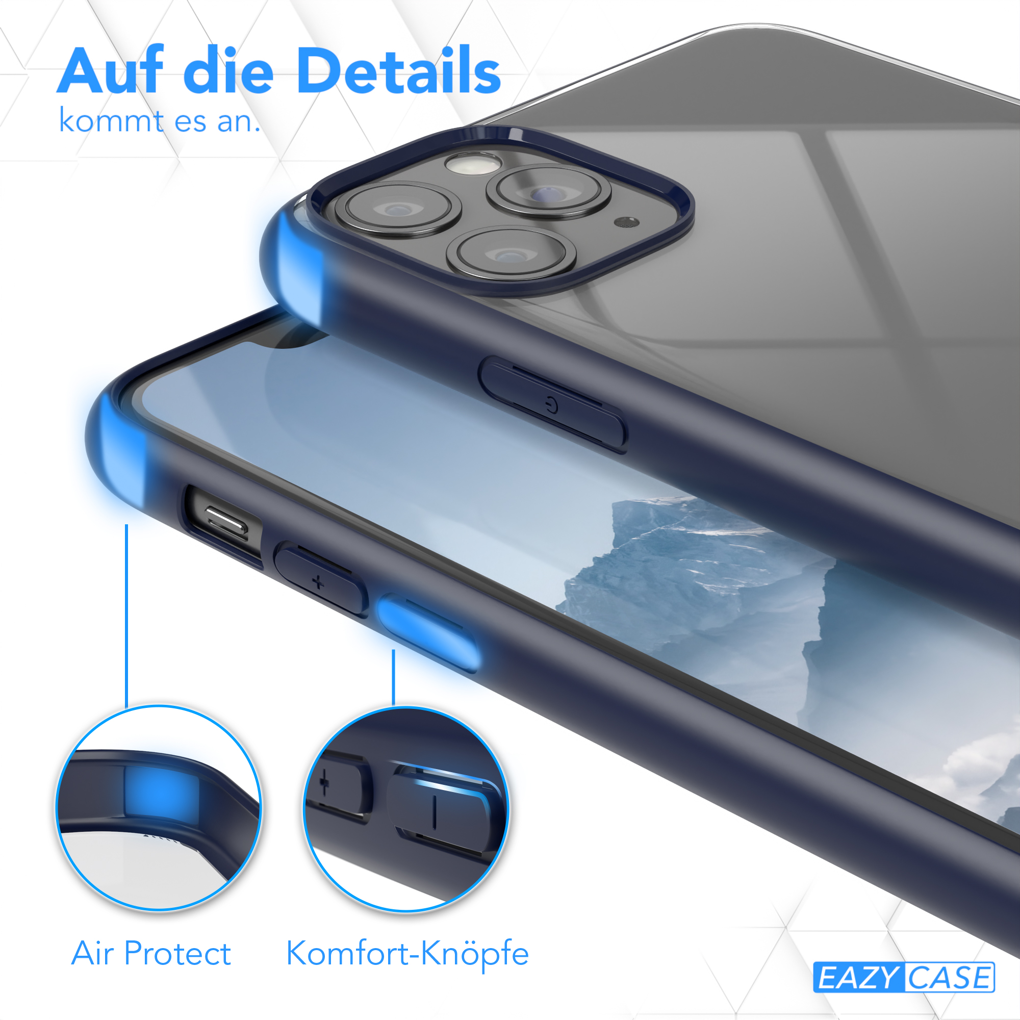 Eine Handyhülle mit Details zu Knöpfen und Kameraschutz, in Dunkelblau.