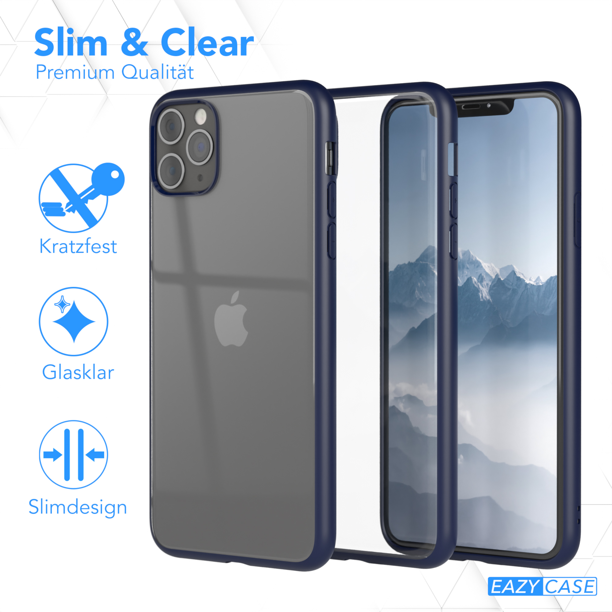 Eine teilweise zerlegte Handyhülle, die ein iPhone zeigt. Transparente Rückseite und ein marineblauer Rahmen.