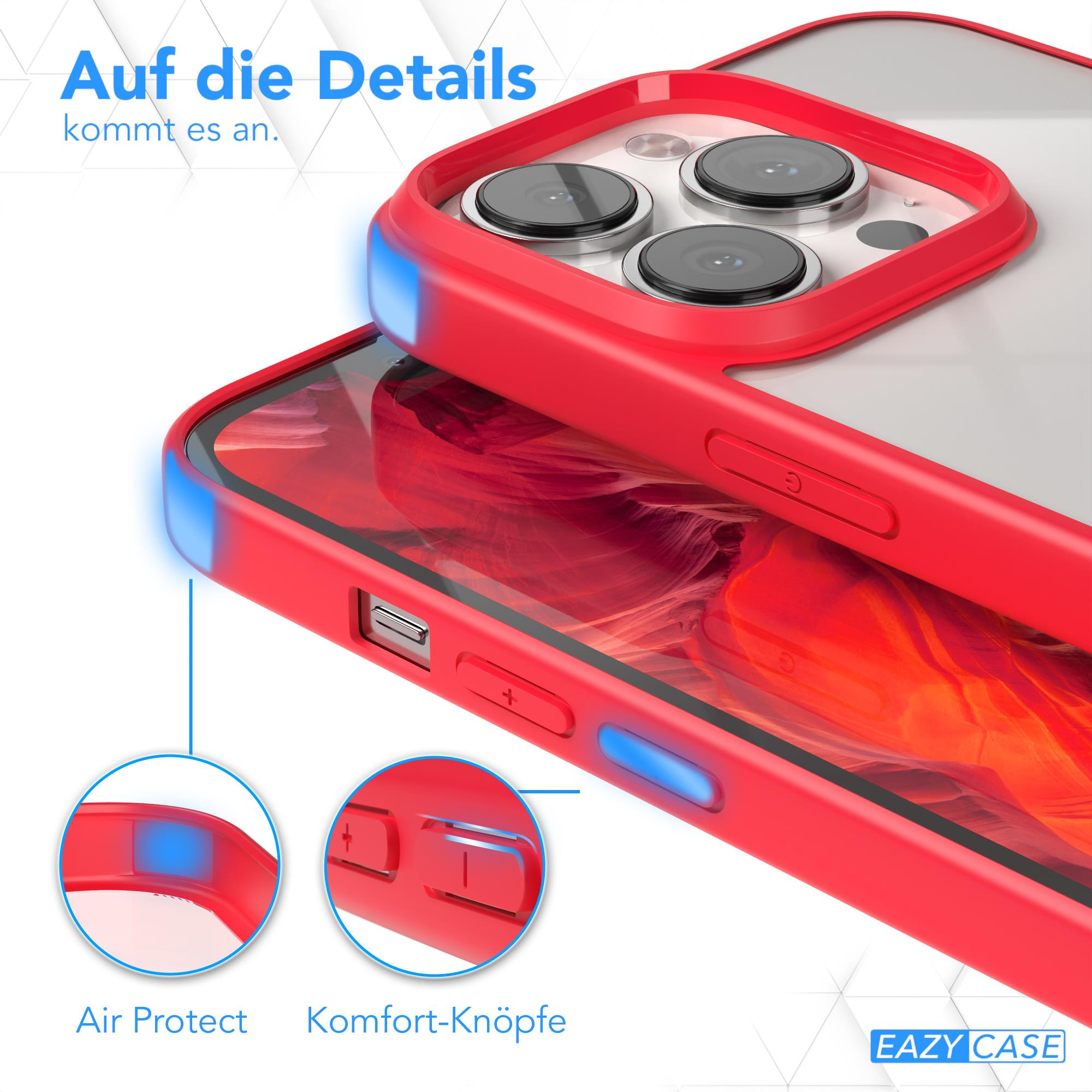Nahaufnahme einer roten Handyhülle. Zeigt Details von Knöpfen und Kanten mit blauen Highlights.