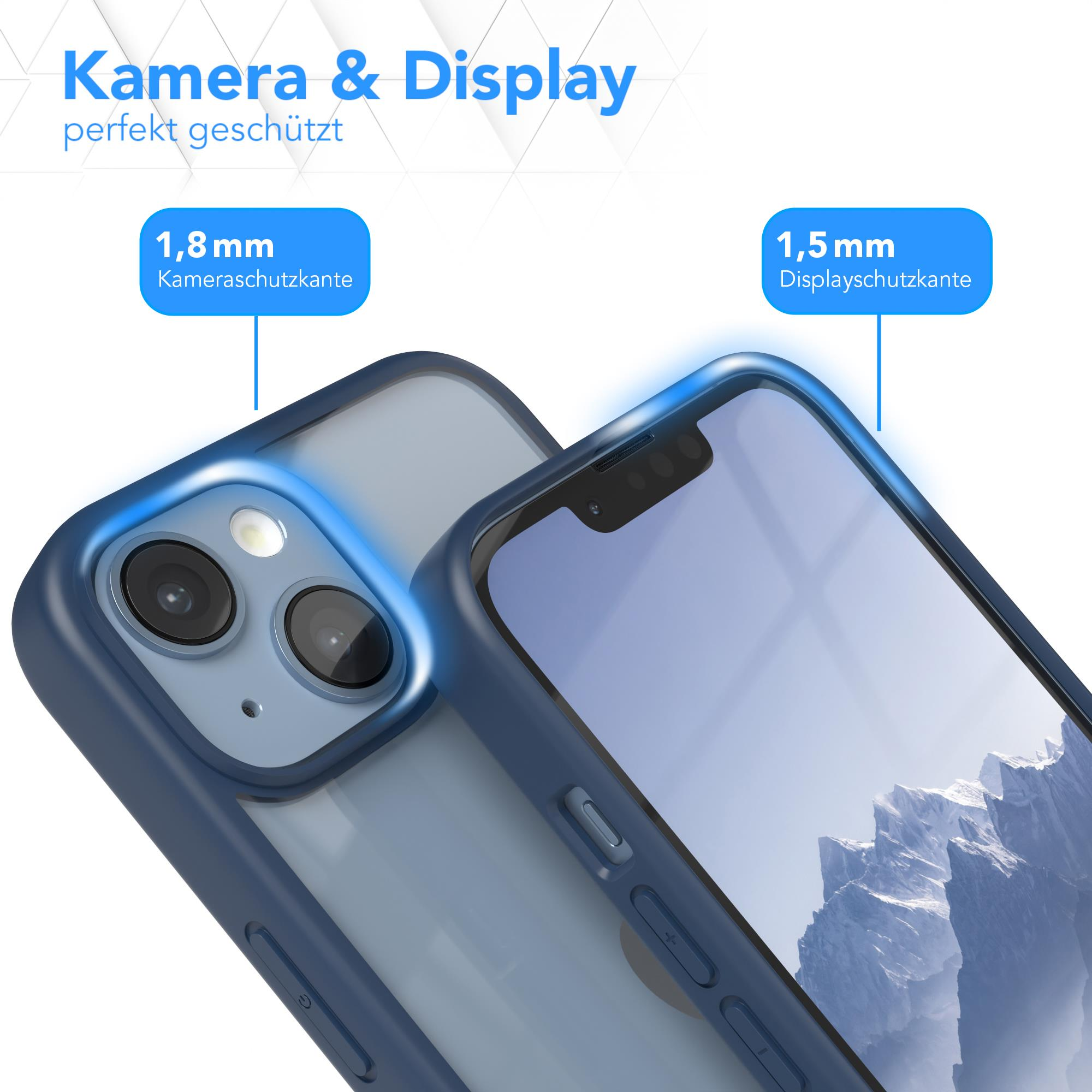 Eine blaue Handyhülle mit durchsichtigem Rücken, schützt Kamera und Display.