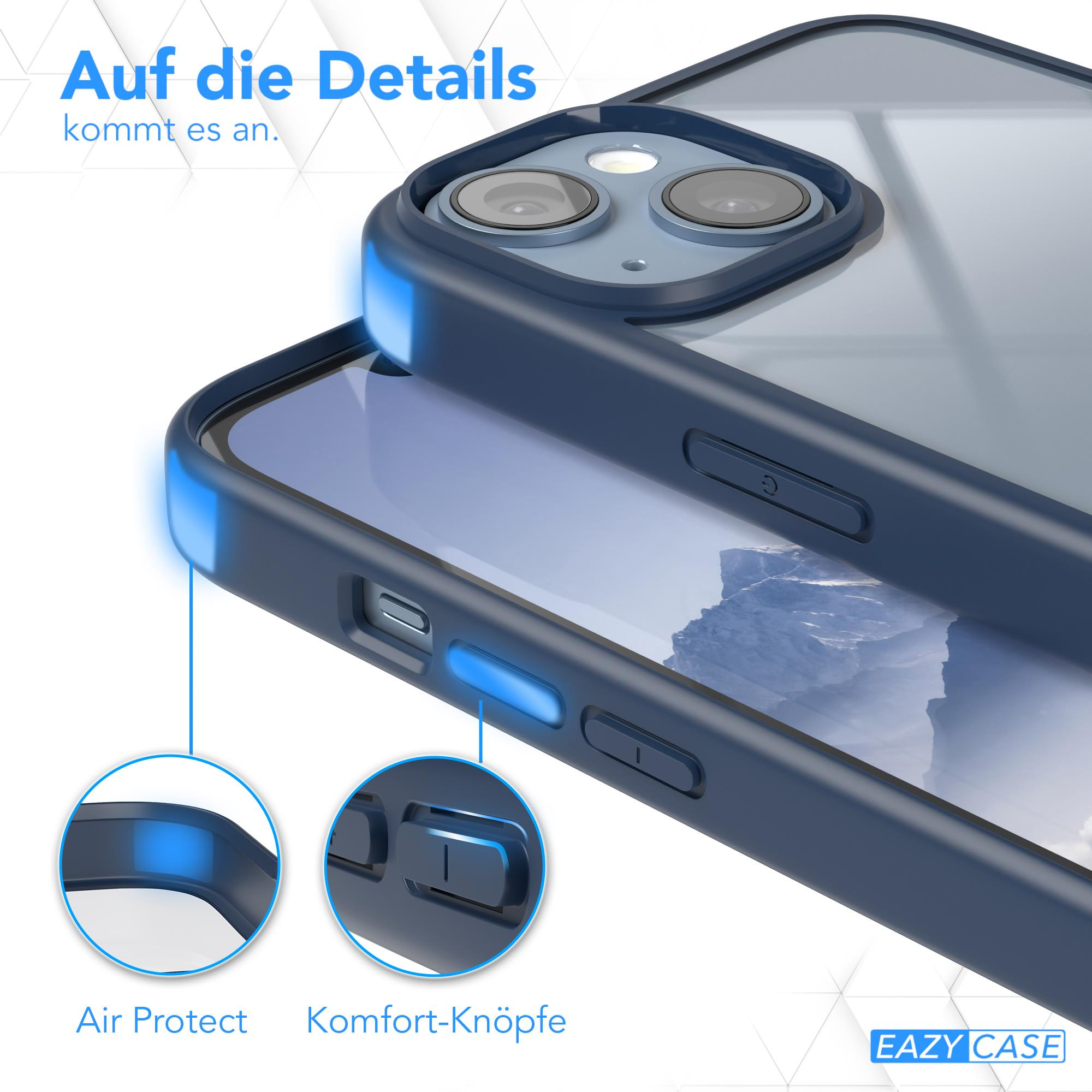 Nahaufnahme einer Handyhülle, marineblau, mit Air-Protection und Komfort-Tasten. Der Text lautet: 'Auf die Details kommt es an.'