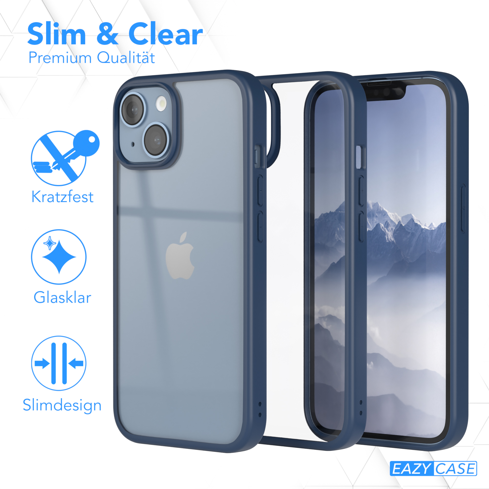 Drei Handyhüllen, eine transparente, eine blaue und eine transparente, die blaue links.