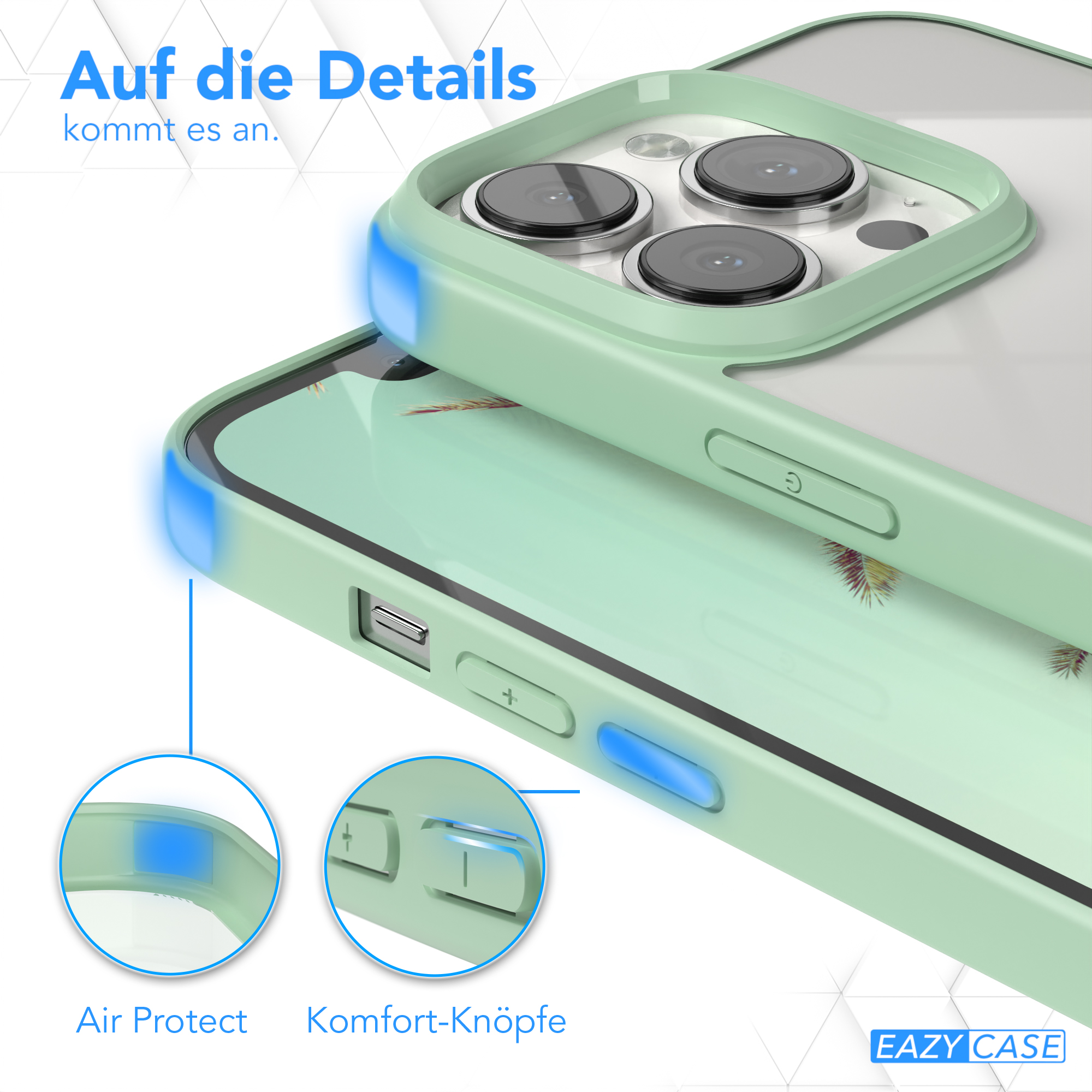 Nahaufnahme einer Handyhülle mit Knöpfen, Details durch blaue Kreise hervorgehoben.