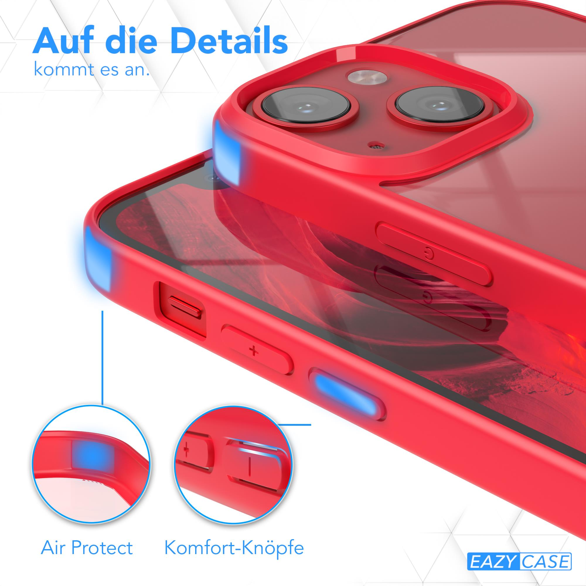 Nahaufnahme einer roten Handyhülle. Air Protect und Komfort-Knöpfe werden durch blaue Lichter hervorgehoben.