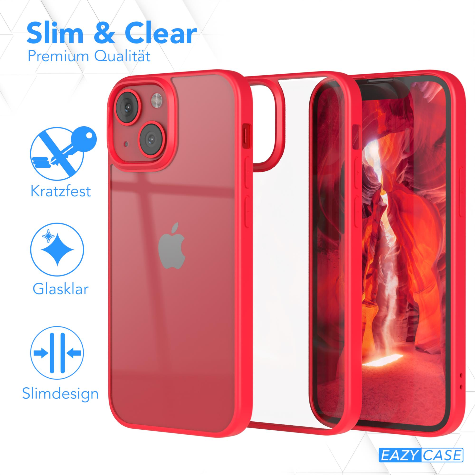 Rote Handyhülle mit klarer Rückseite. Text: Slim & Clear, Kratzfest, Glasklar, Slimdesign.