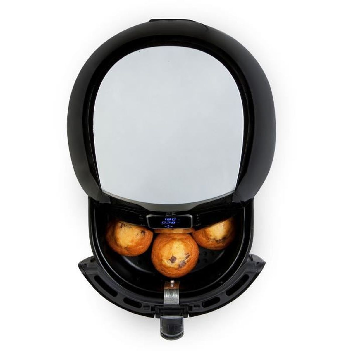 Frytownica powietrzna z trzema babeczkami w środku, pokazująca proces gotowania.