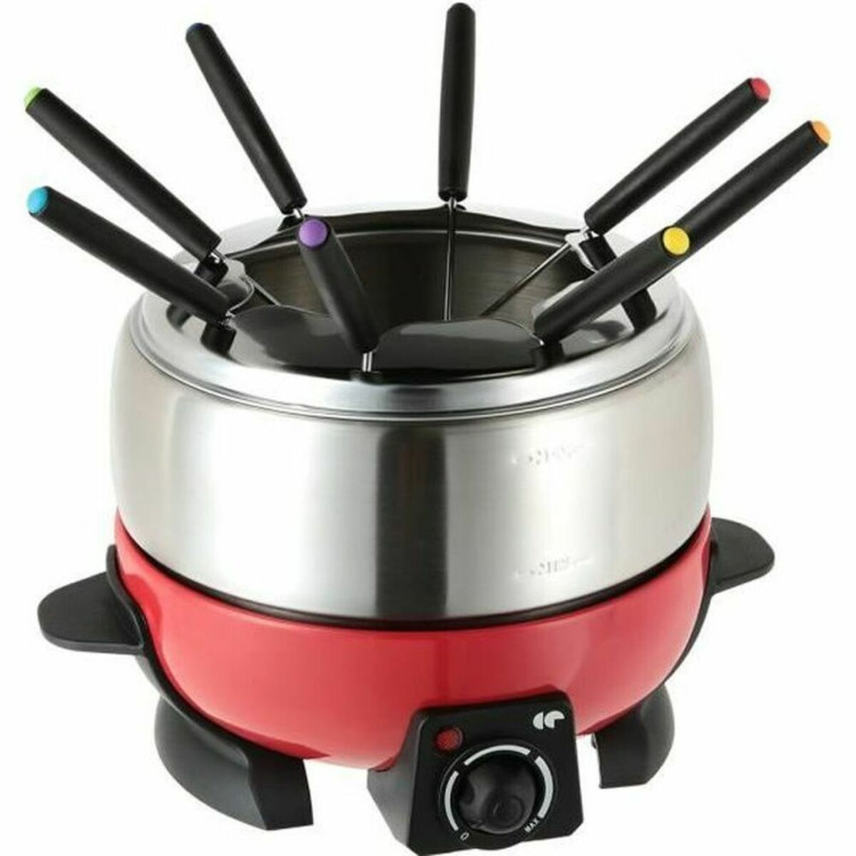 Ein Fondue-Set, Topf aus Edelstahl mit schwarzen Griffen. Roter Sockel mit Temperaturregler.