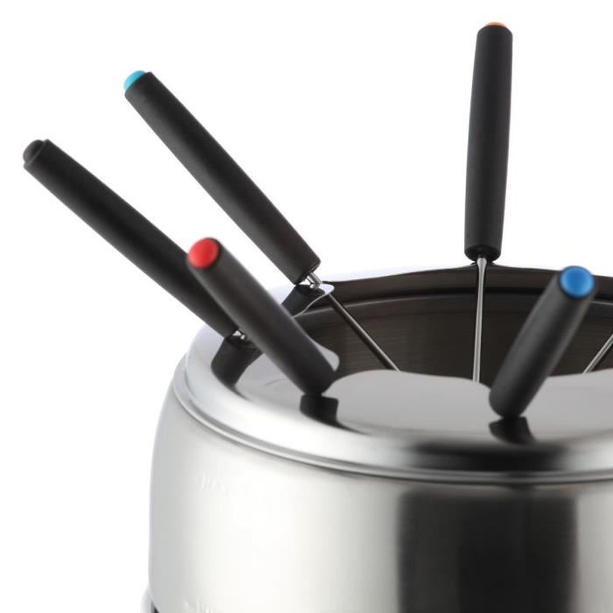 Fondue-Set mit schwarzen Griffen. Griffe mit farbigen Spitzen: blau, rot, blau.