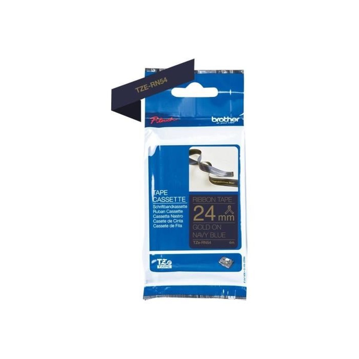 Kassettenverpackung. Gold auf marineblauem Band. Markenname Brother, Etikettentext.