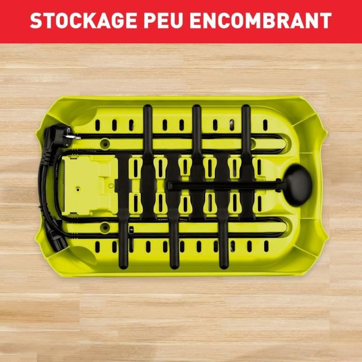 Żółto-czarny składany pojemnik do przechowywania z uchwytem, na drewnianym tle.