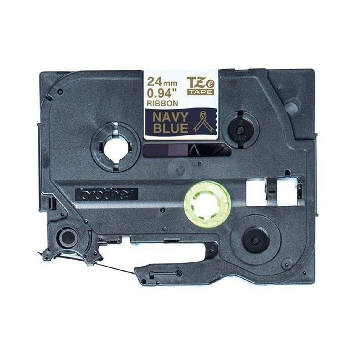 Schwarze Brother-Etikettendrucker-Bandkassette mit Text und Banddetails.