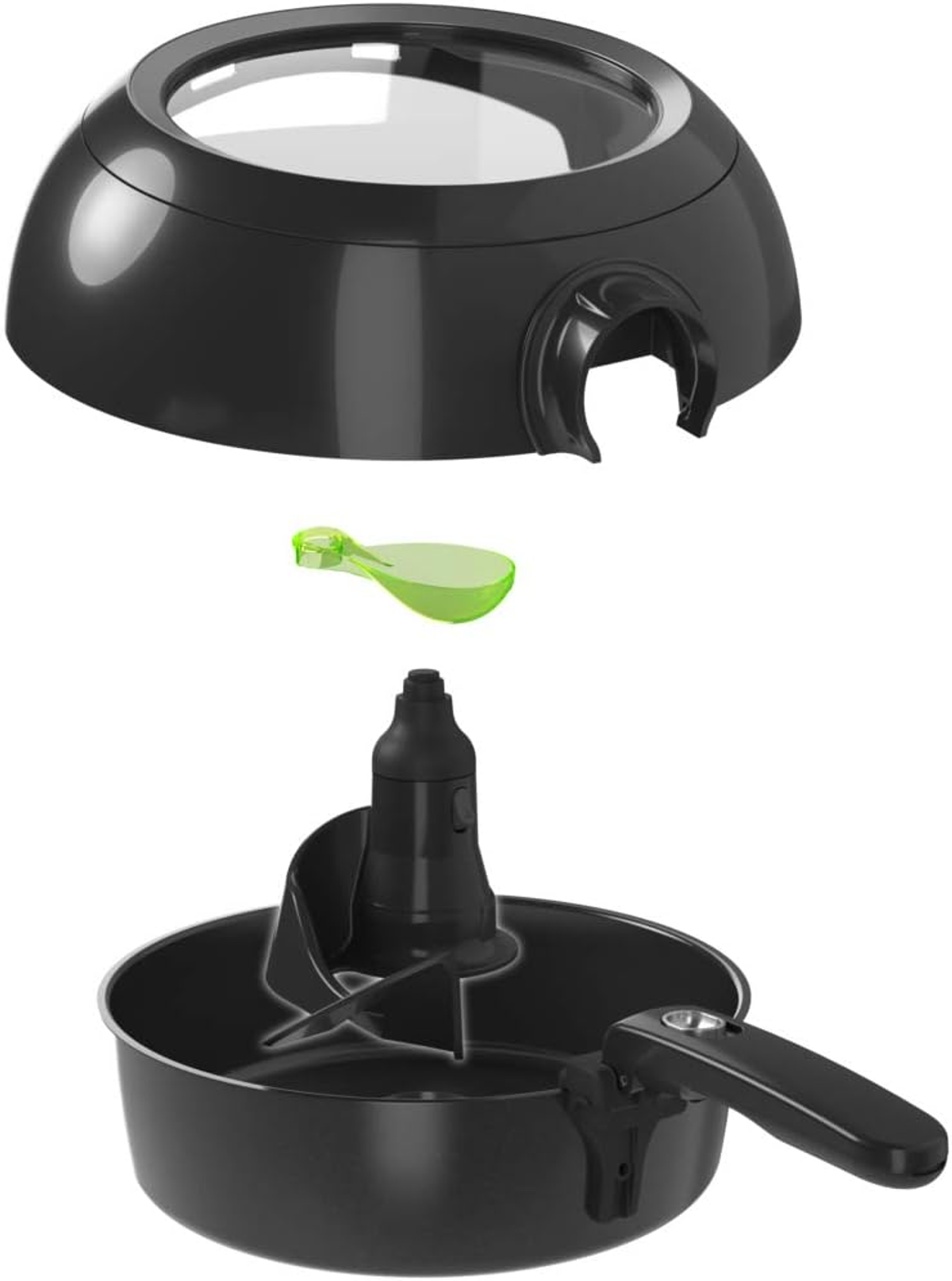 Widok rozłożony czarnej frytownicy, pokazujący jej elementy.