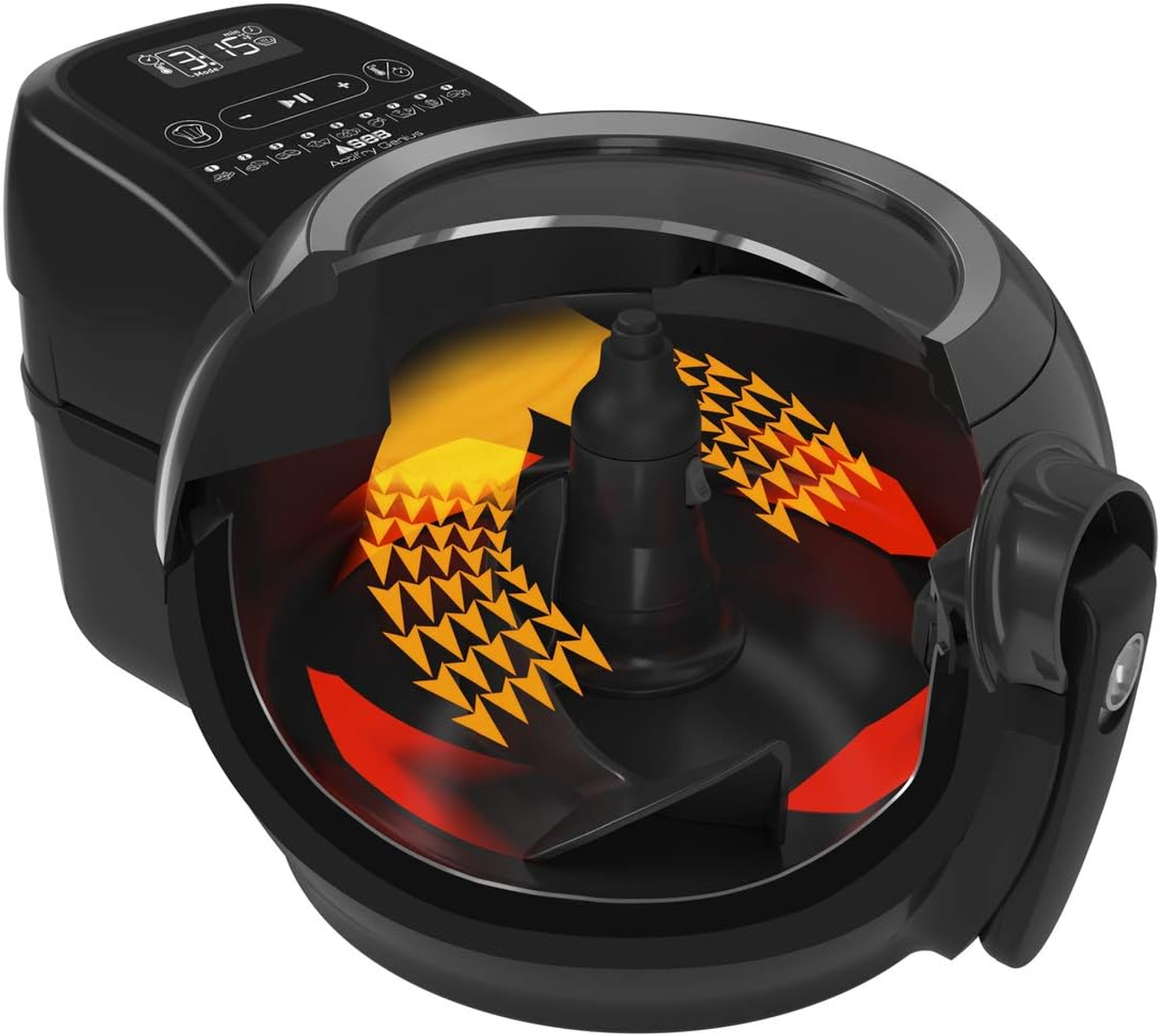 Czarna frytownica beztłuszczowa pokazująca elementy wewnętrzne i przepływ powietrza ze strzałkami.