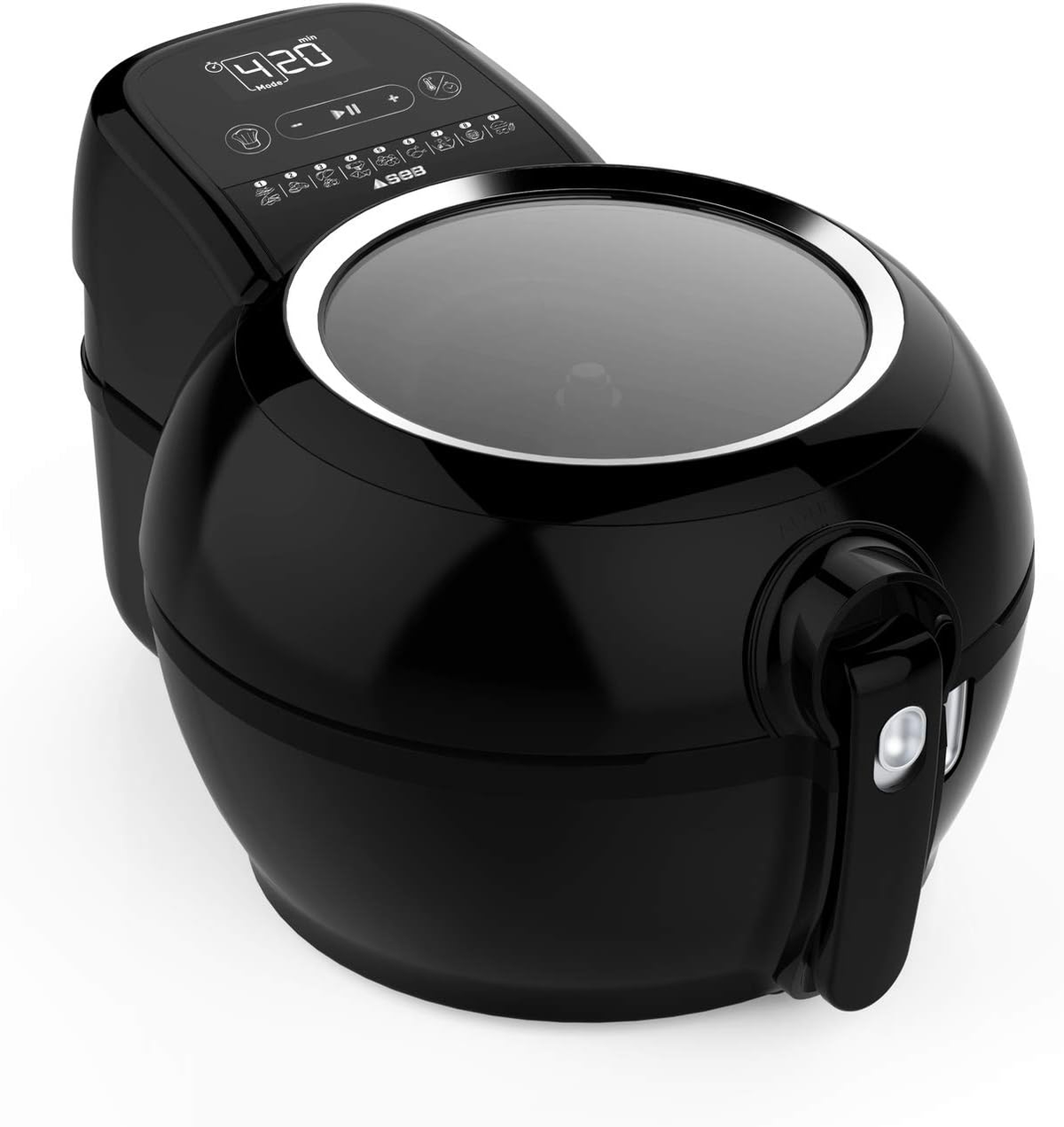 Czarna frytkownica powietrzna z cyfrowym wyświetlaczem pokazującym '4:20'. Ma uchwyt i szklaną pokrywę.
