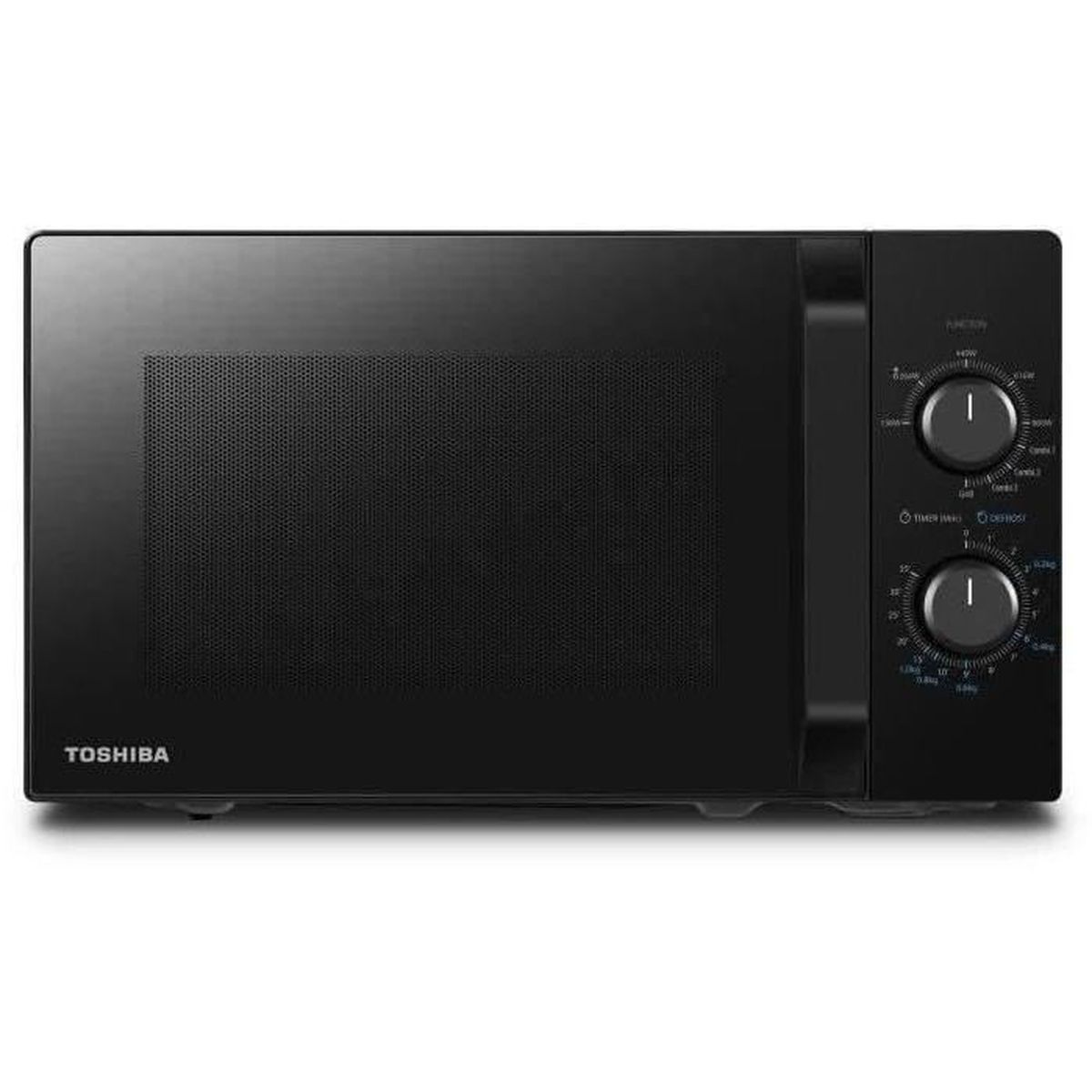 Schwarze Mikrowelle mit zwei Bedienknöpfen. 'Toshiba' ist auf der Vorderseite aufgedruckt.