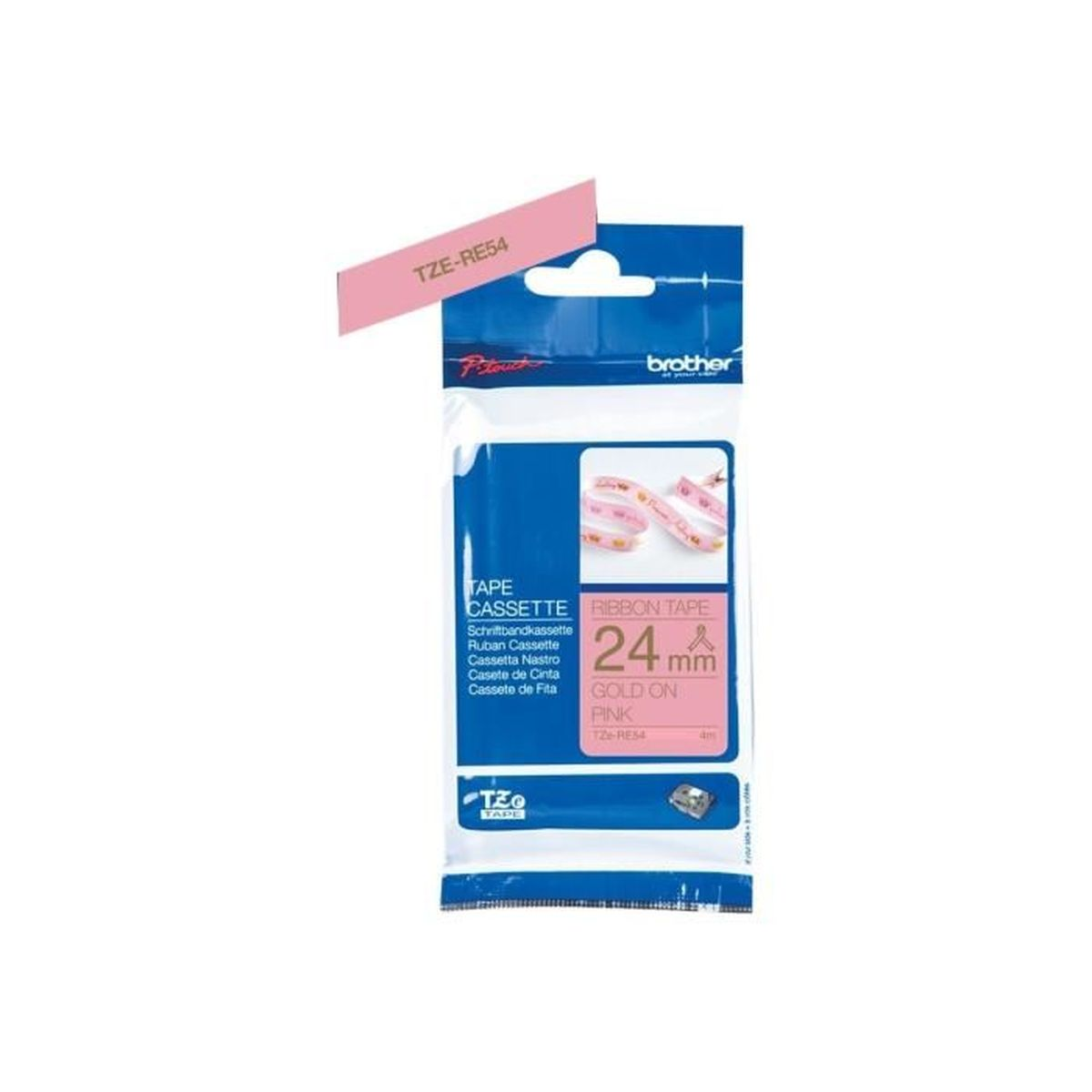 Różowa kaseta z taśmą, z tekstem w wielu językach i napisem 'GOLD ON PINK'.