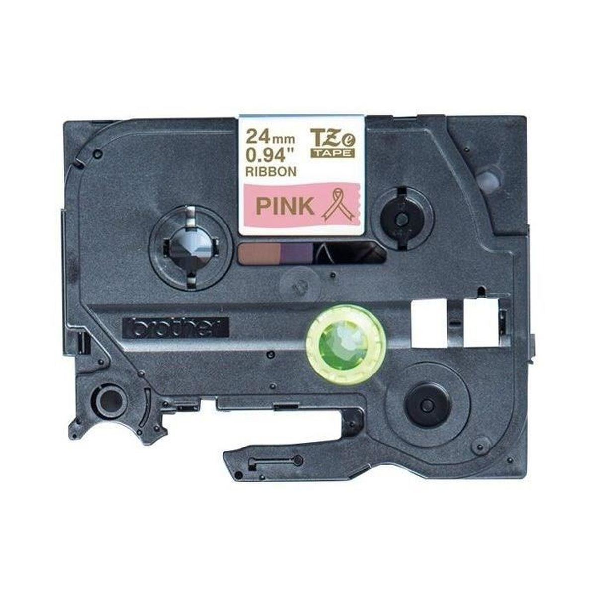 Czarny wkład taśmy etykiet z różowym tekstem wstążki.