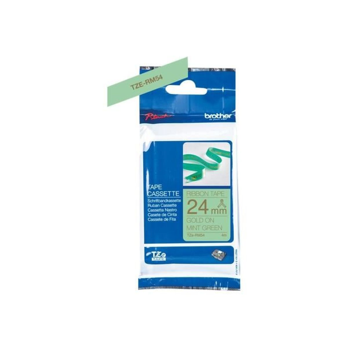 Etikettenkassette, grüner Text auf weißem Hintergrund. Mintgrünes Farbband.